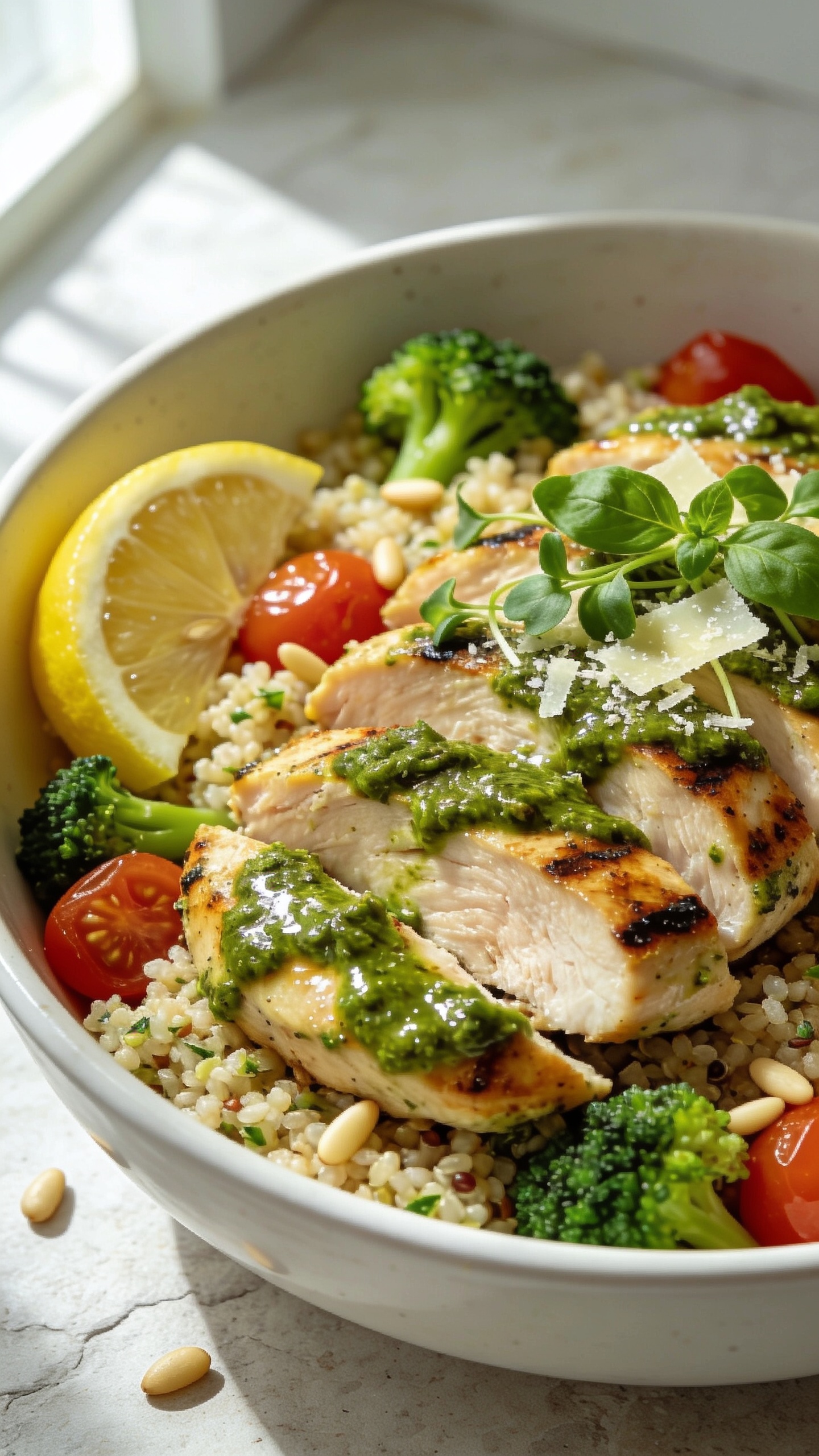 Ultra-close hero shot of high protein pesto chicken meal prep: sliced juicy grilled chicken breast tossed in glossy basil pesto, nestled over fluffy garlic-herb quinoa with roasted cherry tomatoes and tender-crisp broccoli, a lemon wedge tucked to the side, micro basil and shaved parmesan sprinkled over top. Food fills 90â95% of frame in a shallow white meal-prep bowl on a light stone surface. Bright natural window light from the left, soft shadows, shallow depth of field highlighting the moist chicken and vibrant green pesto sheen. Emphasize glistening pesto-coated chicken, charred edges, steam-fresh vegetables, and a few pine nuts scattered for texture; no text, no hands, consistent styling across all images.