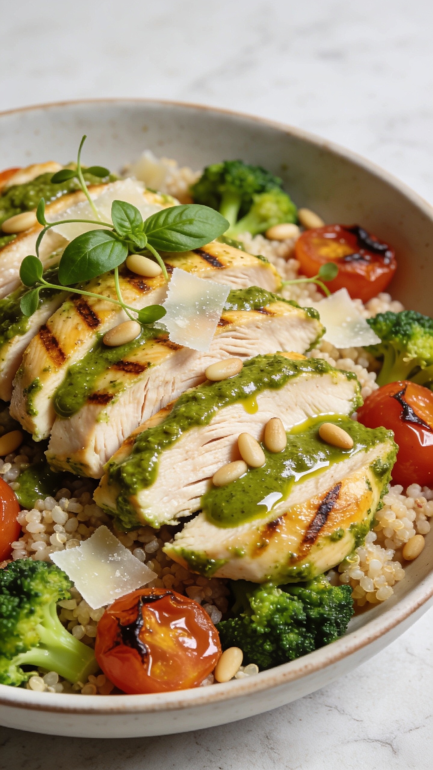 Macro close-up from a 45-degree angle of the plated pesto chicken bowl emphasizing textures: overlapping slices of pesto-coated chicken with golden grill marks, glossy emerald pesto pooling lightly, toasted pine nuts, delicate parmesan shavings, and micro basil leaves on top; fluffy quinoa peeking out with roasted cherry tomatoes slightly blistered and juicy, broccoli florets vibrant and crisp-tender. Bright natural light, shallow depth of field, food fills 90â95% of frame, clean light stone backdrop. Focus on moist chicken fibers, pestoâs oily sheen, and vivid color contrast to match the same finished recipe as the other images.