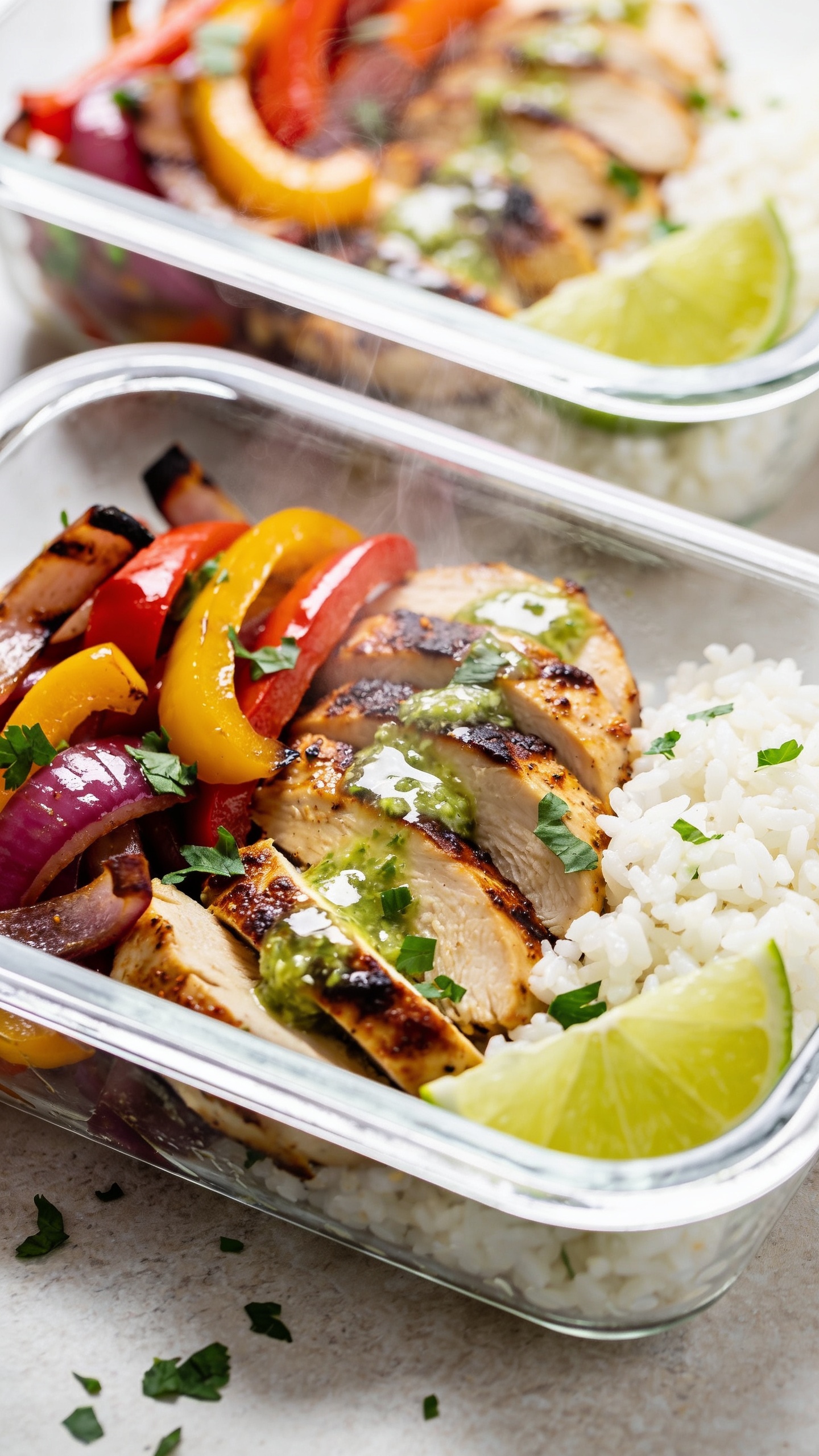 Ultra close-up hero shot of high-protein chicken fajita meal prep in a sleek rectangular glass meal-prep container, 90â95% frame filled with food: glossy sliced chicken breast with deep caramelized edges and visible fajita spice, nestled beside sautĂŠed rainbow peppers and onions (red, yellow, orange bell peppers, char-kissed strips of red onion), a scoop of fluffy white rice, and a lime wedge; scattered chopped fresh cilantro and a glossy drizzle of lime-cilantro juice glistening on the chicken; bright natural side light, shallow depth of field, vibrant colors, steam subtly rising, premium food-blog styling on a neutral light stone surface, same recipe and plating across all images.