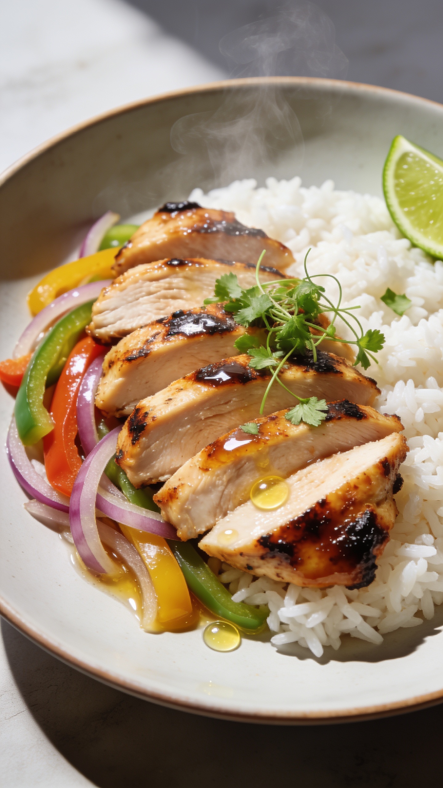 Extreme close-up angled top-down detail of the same finished meal: sliced chicken fanned over white rice with glossy, charred edges, rainbow pepper and onion strips tucked alongside, tiny beads of citrus marinade pooling lightly, finishing sprinkle of chopped cilantro and micro steam wisps; optional thin lime wedge tucked in a corner; textures emphasizedâjuicy chicken sheen, tender peppers, fluffy riceâshot in bright natural light with soft shadows, shallow depth of field, food filling 90â95% of frame, consistent plating and styling with images 1 and