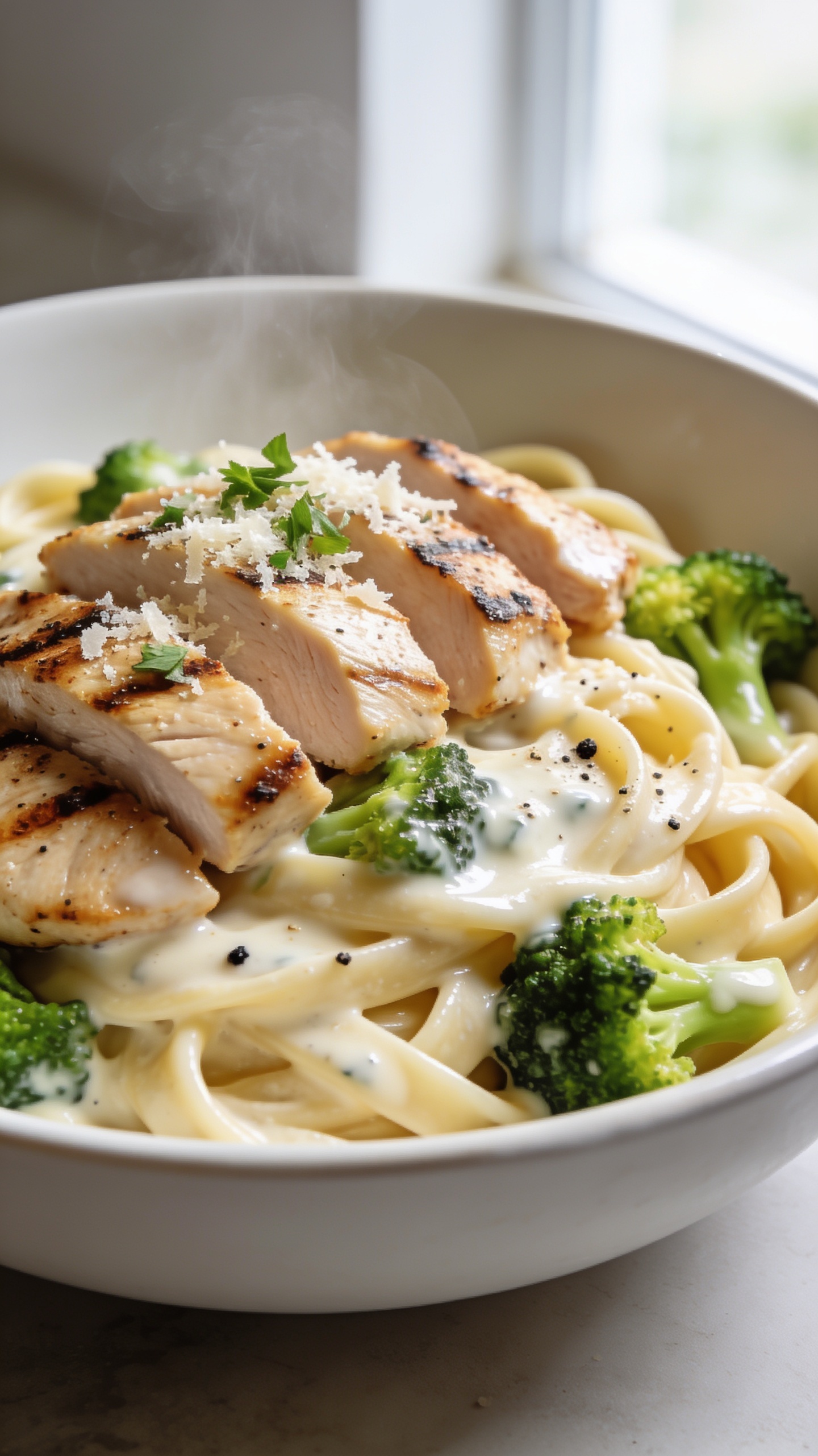 Ultra-close hero shot of High Protein Chicken Alfredo: glossy fettuccine coated in a silky, lighter Alfredo sauce made with Greek yogurt and Parmesan, topped with juicy sliced grilled chicken breast (well-seasoned, light char marks), a sprinkle of freshly grated Parmesan and finely chopped parsley, a few cracks of black pepper, and tender bright-green steamed broccoli florets tucked naturally into the pasta. Food fills 90â95% of frame on a matte white shallow bowl, bright natural window light from the side, shallow depth of field with soft bokeh, creamy sauce clinging to every noodle, steam faintly visible, premium food-blog styling, no text.
