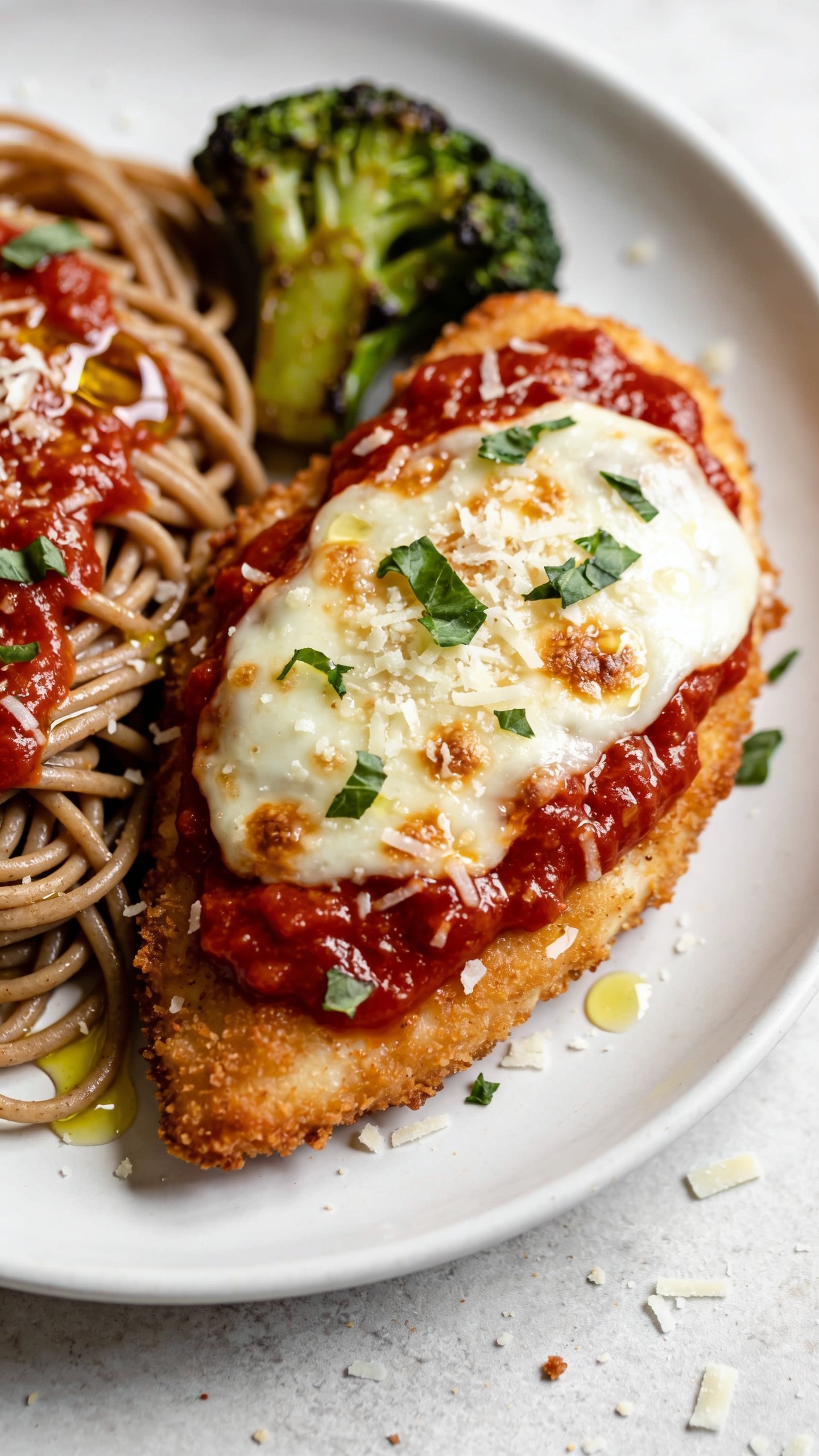 Ultra-close hero shot of high-protein baked chicken parmesan plated for meal prep: golden-brown, lightly breaded chicken breast cutlet topped with glossy, chunky marinara, a perfectly melted cap of mozzarella with light browning and bubbling, and a shower of freshly grated parmesan and chopped basil. Serve alongside al dente whole-wheat spaghetti lightly dressed with marinara and a squeeze-gloss of olive oil, plus a wedge of roasted broccoli for color. Food fills 90â95% of frame, bright natural side lighting, shallow depth of field, crisp textures on the chicken edges, cheese sheen and sauce glisten, vibrant reds and greens, clean white ceramic plate on a neutral light stone surface with subtle crumbs and parmesan shavings for realism; style consistent with premium food blog photography.