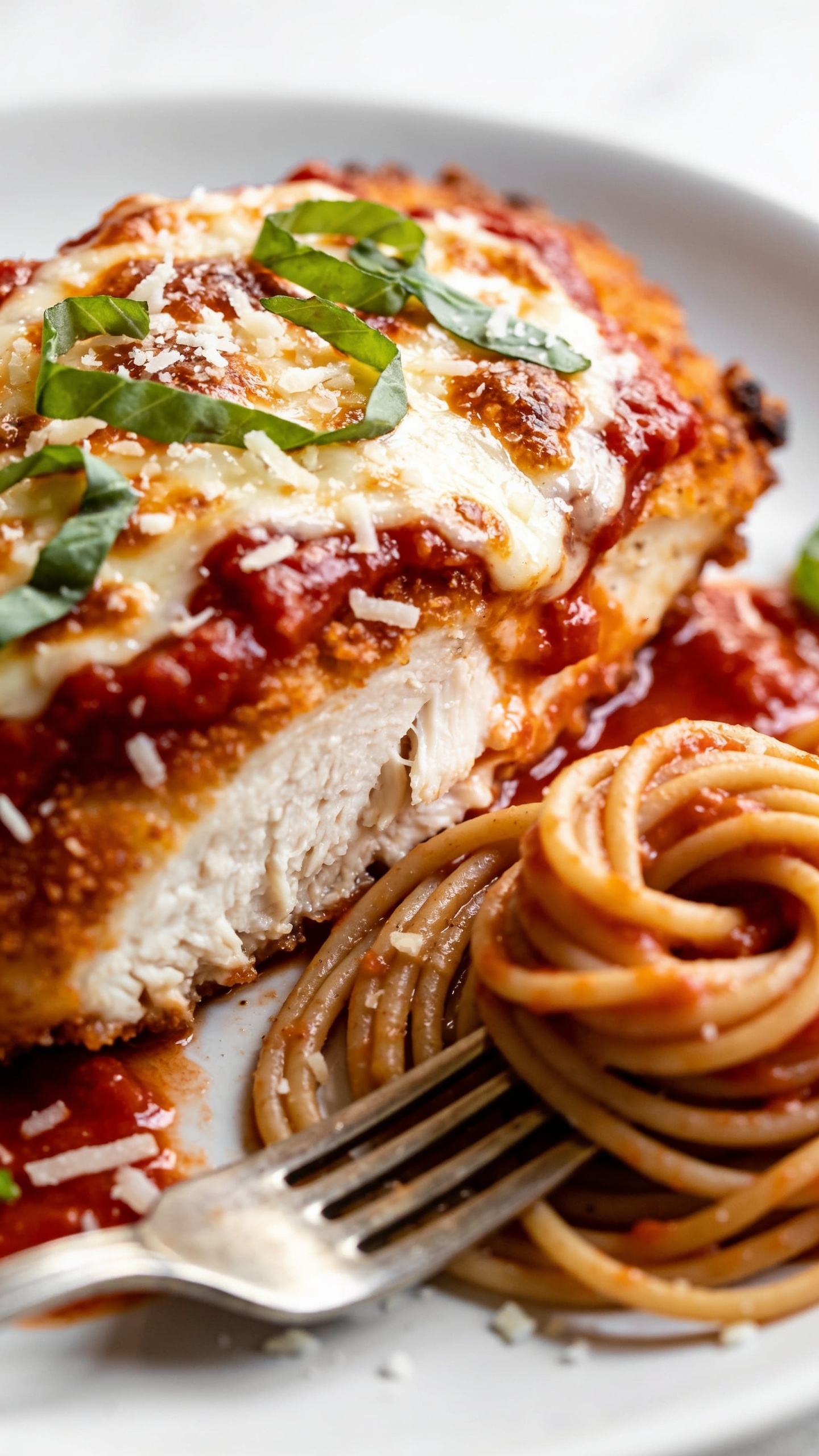 Macro close-up from a different angle of the same finished dish focusing on texture: the chicken parmesan sliced to reveal moist, juicy white chicken inside with a crisp golden crust, topped with bubbling, lightly blistered mozzarella and thick, glistening marinara. Fresh basil ribbons and a dusting of finely grated parmesan scattered over the top, with a fork resting on the plate near a tidy swirl of whole-wheat spaghetti lightly coated in marinara. Food dominates 90â95% of the frame, bright natural window light, shallow depth of field, rich, saturated colors, visible sauce sheen and crispy edges, consistent styling and surfaces with the first two images.