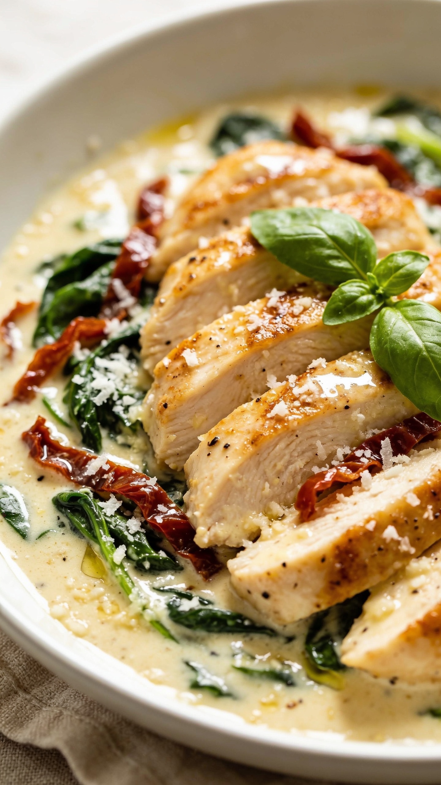 Extreme close-up hero shot of creamy Tuscan chicken plated in a shallow white bowl: golden pan-seared chicken breasts sliced and fanned, glistening in a silky garlic-Parmesan cream sauce with visible specks of black pepper; ribbons of wilted spinach and jewel-like sun-dried tomato strips nestled throughout; a light snowfall of freshly grated Parmesan melting into the sauce and a few torn basil leaves for freshness. Food fills 90–95% of frame, bright natural side lighting, shallow depth of field with the front edge of the chicken and glossy sauce in crisp focus, soft background blur of the creamy pool and greens. Styling is premium food blog: subtle linen under the bowl, warm neutral backdrop, no text, no hands, no extra props.