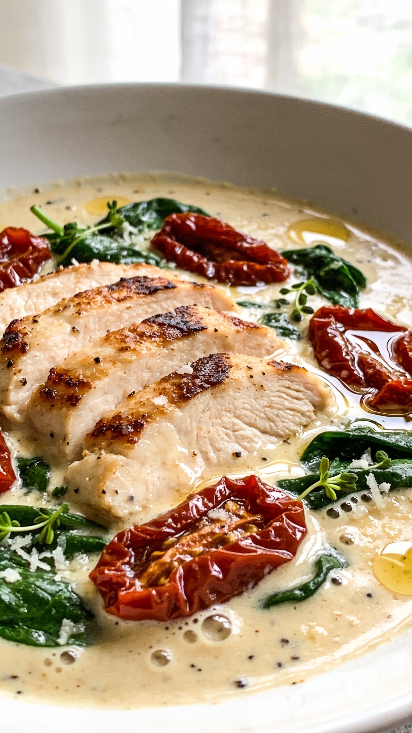 Macro close-up from a low 3/4 angle focusing on textures in the same plated dish: seared chicken slices with caramelized edges partially submerged in the creamy, pepper-flecked Tuscan sauce; sun-dried tomatoes glossy and wrinkled, spinach silky and vibrant; micro-grated Parmesan melting into tiny puddles; a few micro-bubbles in the sauce and delicate oil ripples from the tomatoes. Food fills 90–95% of frame, bright natural window light with gentle highlights on the sauce, shallow depth of field isolating the front slice and sauce gloss, cohesive styling matching the hero image, no hands or text.