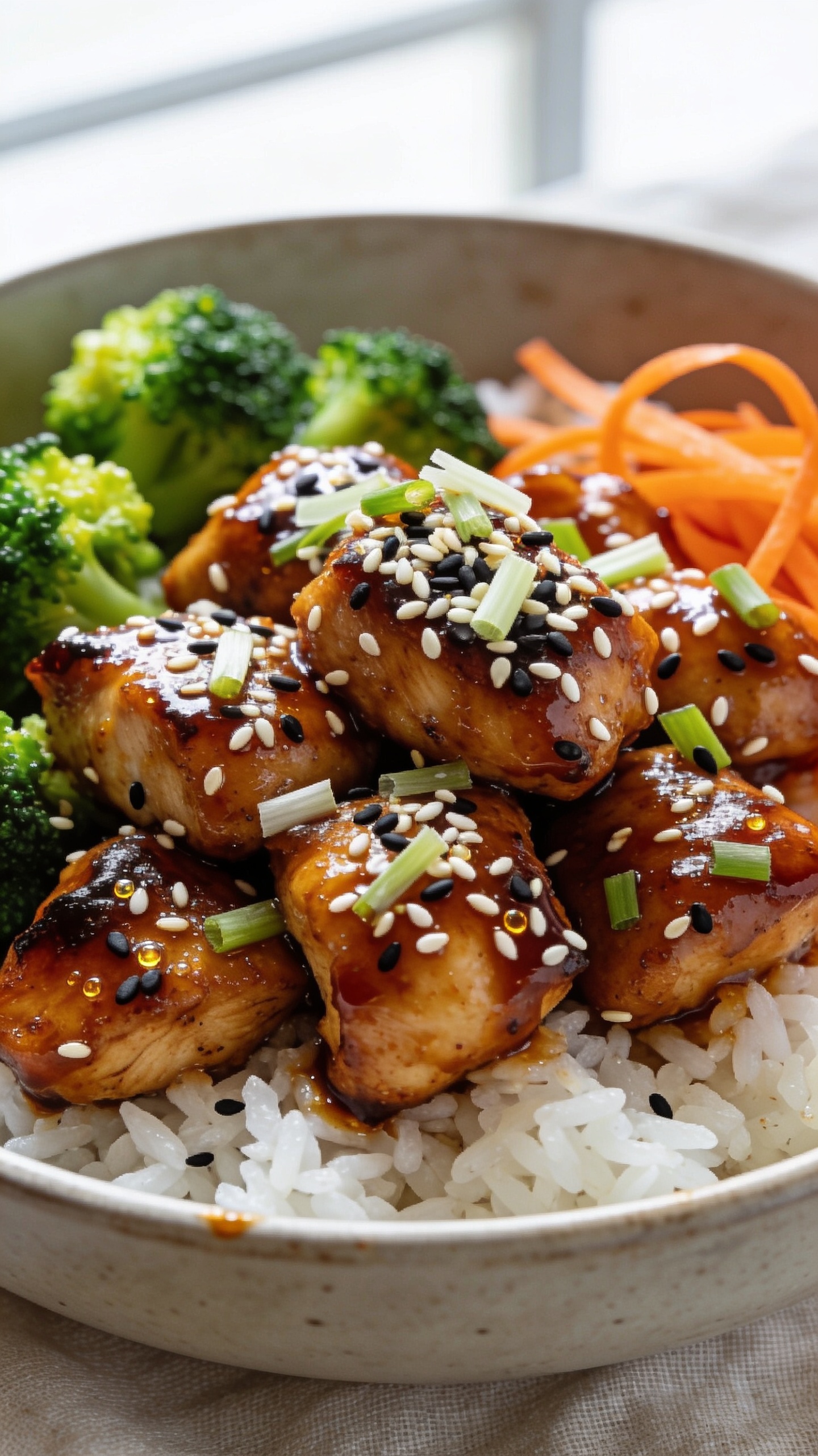 Ultra-close hero image of high-protein sesame ginger chicken bowl: glossy, skillet-seared bite-size chicken thighs glazed in a deep amber sesame-ginger-garlic sauce, piled over fluffy white jasmine rice with a side of bright-steamed broccoli florets and thinly sliced carrot ribbons. Garnished with a heavy sprinkle of toasted white and black sesame seeds and finely sliced scallions. Sauce visibly clings to each piece with micro-beads of oil catching the light, edges slightly caramelized. Shot in bright natural window light, shallow depth of field, 45-degree angle, food filling 90–95% of frame on a matte neutral ceramic bowl and light linen background, premium food-blog styling, no text, no hands.