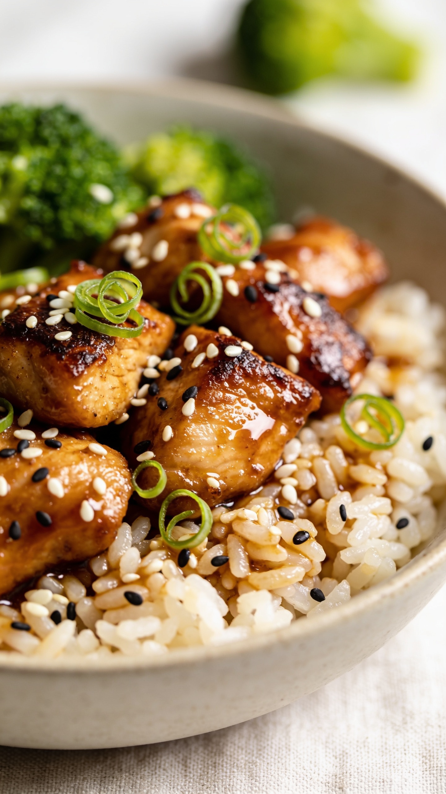 3. Extreme macro side angle of the same finished bowl focusing on texture: tight cluster of caramelized chicken pieces nestled against fluffy rice, with glossy sauce pooled lightly in the rice grains. Toasted white and black sesame seeds and delicate scallion curls scattered on top; broccoli florets peek in softly blurred background for a pop of green. Emphasize sticky shine, browned edges, and moist interior of chicken. Bright natural light, shallow depth of field, 90–95% food in frame, same neutral ceramic bowl and light linen surface, cohesive premium food-blog look, no text, no hands.
