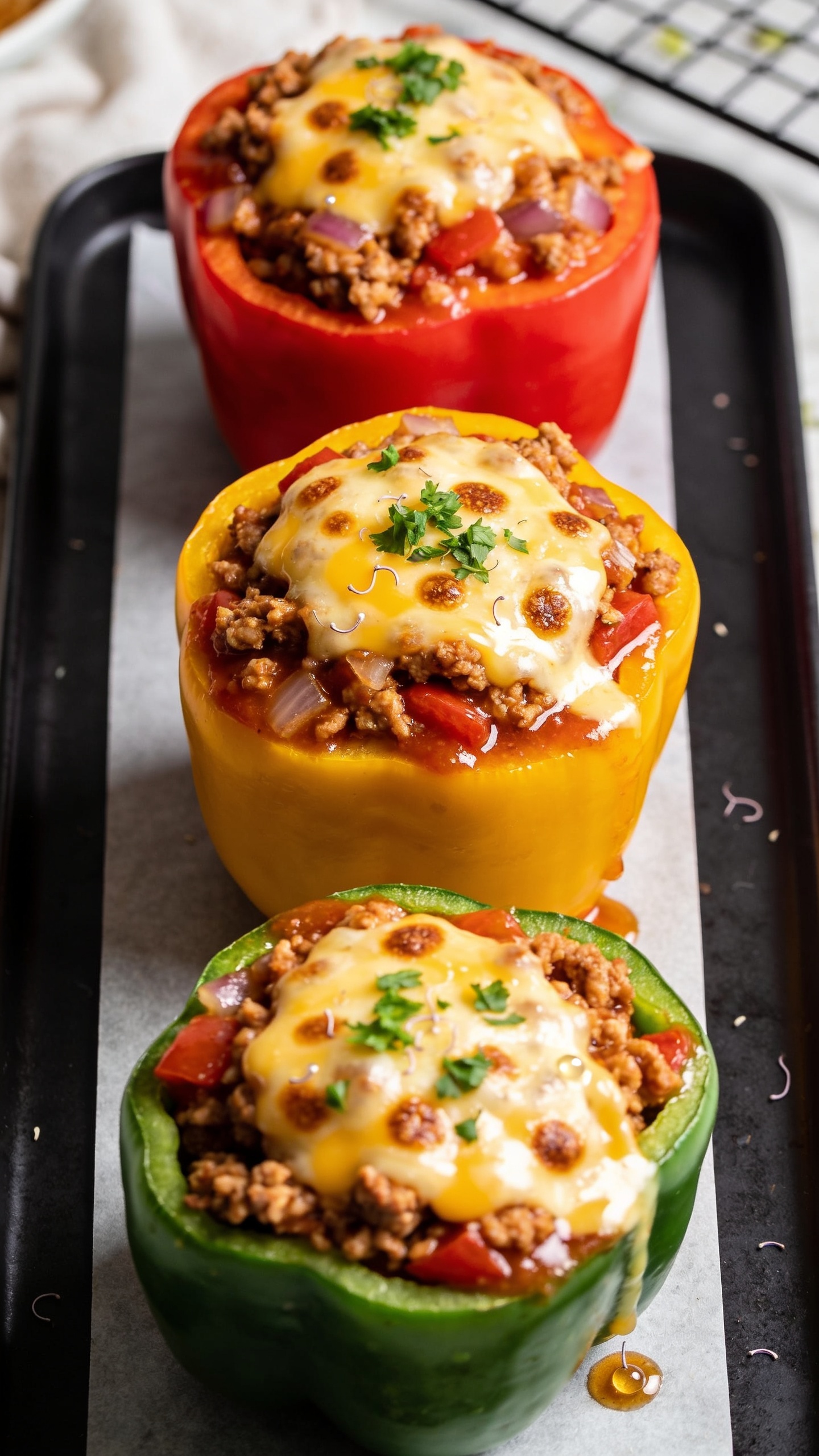 Stunning hero close-up of high-protein chicken stuffed peppers: a tight, 3/4 angle shot of halved bell peppers (one red, one yellow, one green) standing upright on a dark matte sheet pan with parchment, filled to the brim with juicy ground chicken mixture studded with diced onion and tomato, glossy tomato-based sauce clinging to the filling, a molten cap of lightly browned mozzarella and cheddar blend bubbling with tiny browned blisters, sprinkled with finely chopped fresh parsley and a few micro-beads of pan juices pooling at the pepper edges. Bright natural side light, shallow depth of field, pepper trio filling 90â95% of frame, background softly blurred with minimal props (a faint hint of a linen and a cooling rack), colors vibrant and saturated, textures crisp on pepper edges and glossy on cheese and sauce.