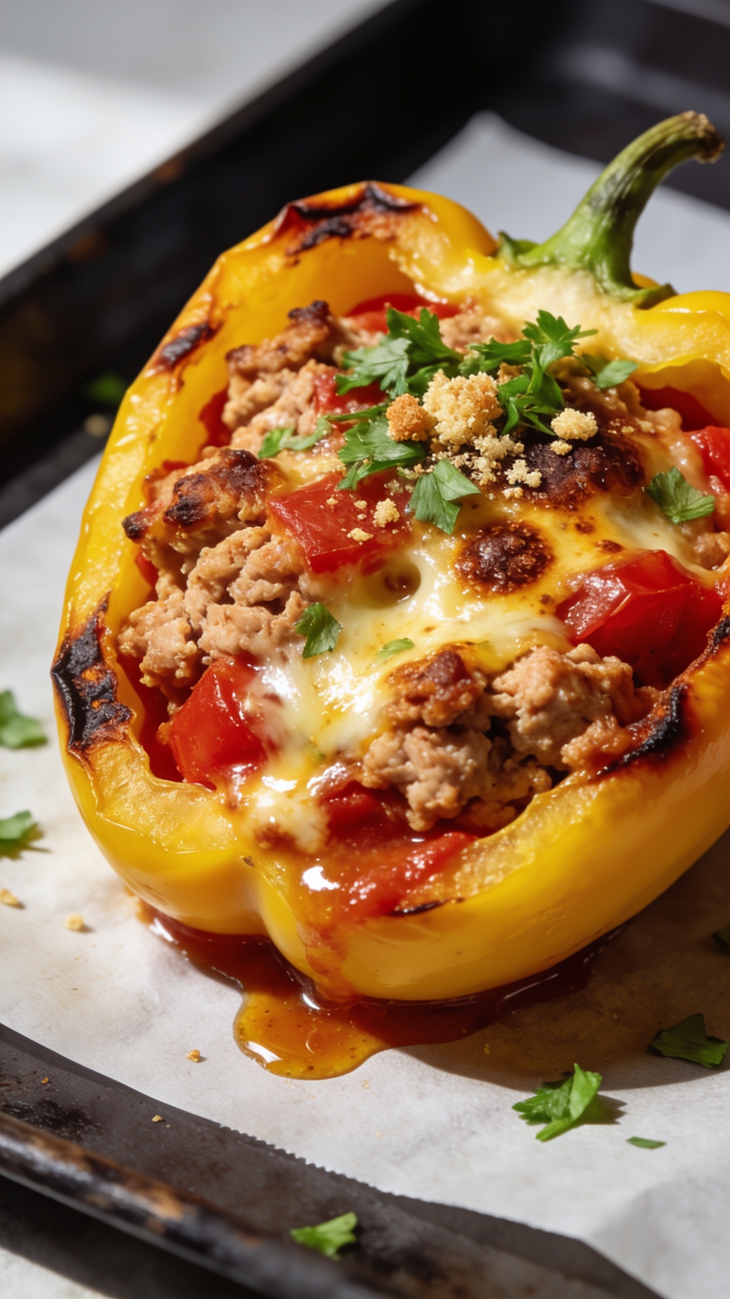 Ultra-close macro of a single yellow stuffed pepper from overhead 45-degree angle: the pepper fills the frame with tight composition, showcasing the craggy, juicy ground chicken surface, glossy tomato-slicked bits, deeply browned cheese freckles and gooey melted pockets, edges of the pepper slightly charred for contrast, fresh parsley finely chopped and scattered on top with a few crumbs of toasted panko for crunch. Small rivulets of savory juices gather at the base where the pepper meets the parchment-lined dark sheet pan. Bright natural sidelight creates mouthwatering highlights, shallow depth of field isolates the stuffed cavity, vivid reds/yellows/greens consistent with the other images, 90â95% food in frame.
