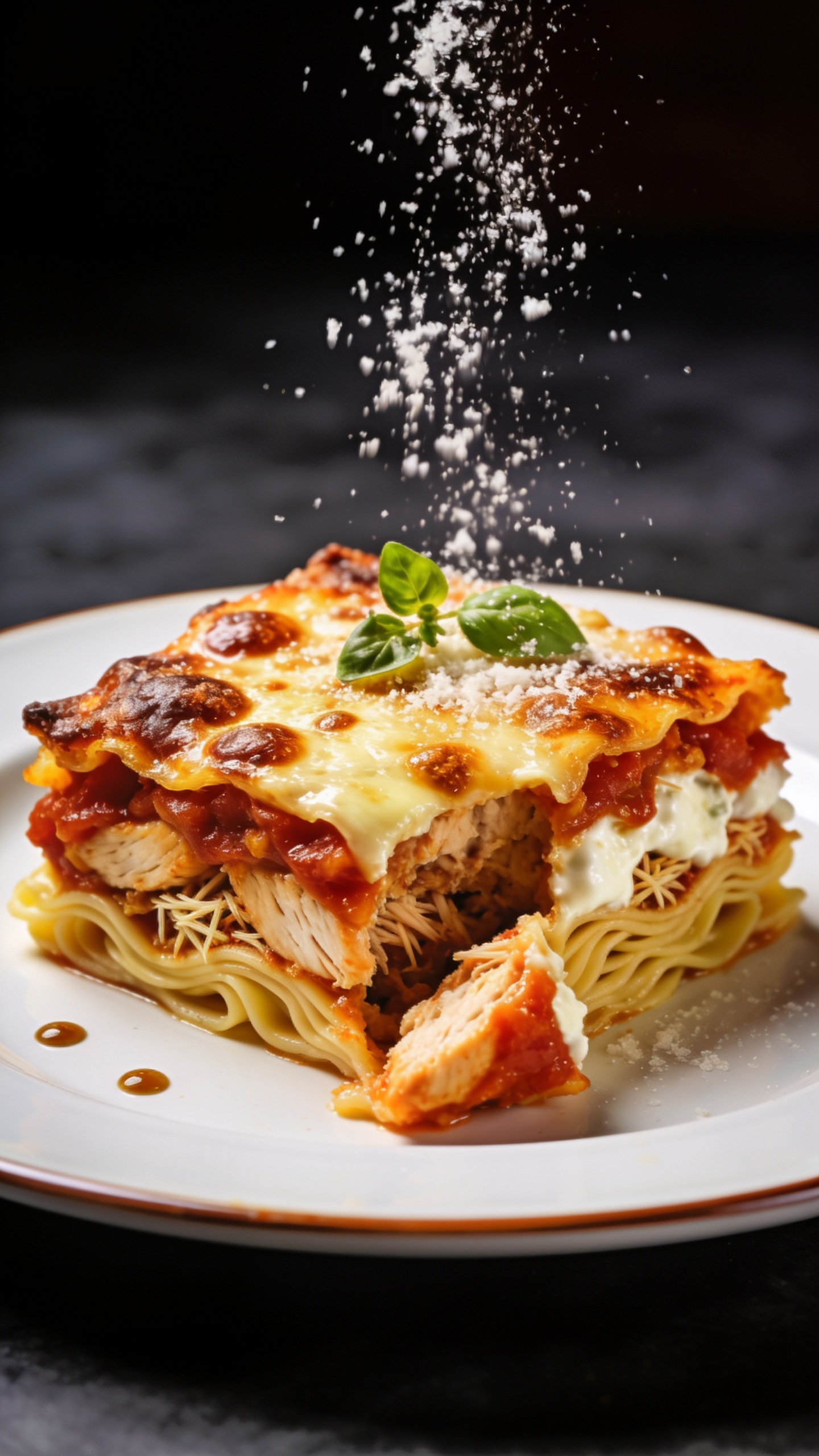Macro close-up from a low 3/4 angle of the same plated lasagna slice with one corner slightly scooped to reveal interior juiciness. Focus on crispy-cheesy browned top with bubbly blisters, glossy tomato-chicken layers with visible shredded chicken fibers, creamy curd texture of cottage cheese/ricotta, and neatly stacked noodles. A delicate snowfall of freshly grated Parmesan mid-air over the slice, a few micro basil leaves on top, tiny sauce droplets on the plate rim for realism. Bright natural light, shallow depth of field, rich saturated colors, food occupying 90â95% of the frame, consistent styling with image