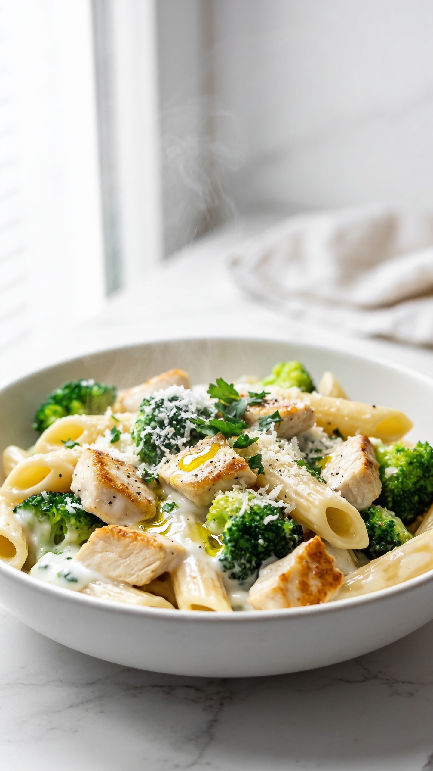 Ultra close-up hero shot of a freshly plated high-protein chicken broccoli pasta in a shallow white bowl: al dente penne coated in a light, glossy creamy sauce (Greek yogurt or light cream cheese base), chunks of juicy seared chicken breast with golden edges, bright green crisp-tender broccoli florets, a light snowfall of finely grated Parmesan, and a sprinkle of fresh chopped parsley. A subtle glisten of olive oil and black pepper specks on top. Steam faintly rising. Bright natural window light from the side, white marble surface, linen napkin blurred in the background. Shallow depth of field, food filling 90â95% of frame, premium food-blog styling, vibrant colors, consistent look for all images.