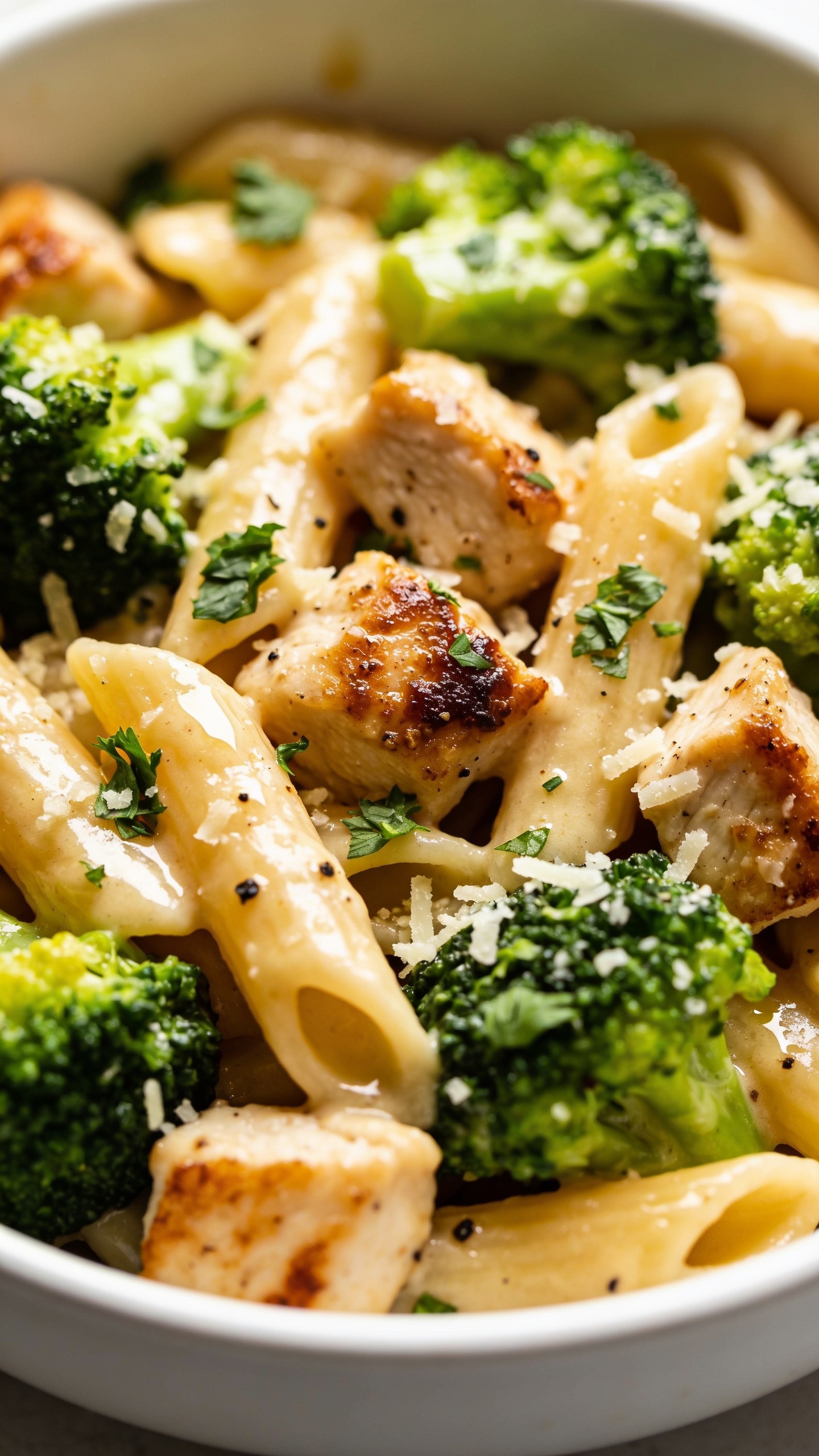 Tight macro angle from slightly overhead: the same finished chicken broccoli pasta nestled in the white bowl, sauce visibly silky and clinging to the penne, seared chicken cubes with caramelized edges, vivid broccoli crowns, fine parsley and Parmesan scattered evenly. A few cracked black pepper flecks and tiny sauce pools catching light for a luscious gloss. Bright natural lighting, shallow depth of field with the front rim softly blurred, minimal props, food covering 90â95% of the frame, rich textures and consistent styling with the other images.