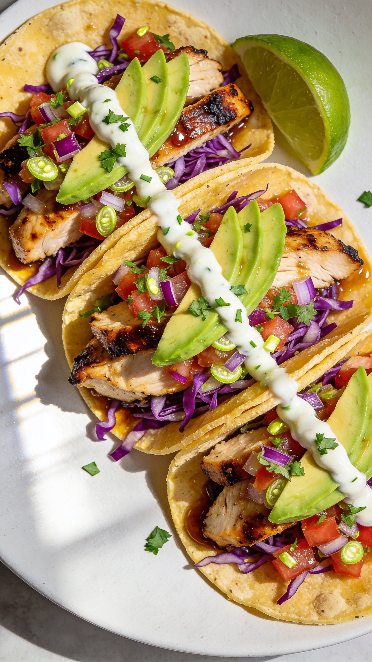 Ultra-close hero shot of high-protein chicken street tacos plated for meal prep: three small corn tortillas slightly overlapping on a matte white plate, heaped with skillet-seared chicken breast slices with deep caramelized edges and glossy juices, topped with finely shredded purple cabbage, pico de gallo with visible diced tomato, red onion, cilantro, and lime zest, thin avocado slices fanned, a smooth Greek yogurt crema drizzle in a thin zigzag, and a sprinkle of chopped cilantro; a lime wedge tucked beside the tacos; bright natural window light from the left, shallow depth of field, vibrant colors, premium food-blog styling; food fills 90â95% of the frame; the same finished recipe components consistent across all images.