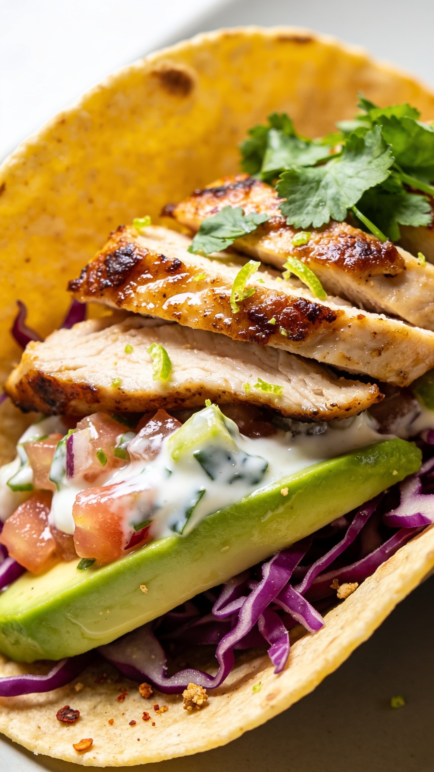 Extreme macro angle from 45 degrees, focusing on textures: the open-faced taco on a corn tortilla with seared chicken slices stacked, edges crisp and bronzed, glistening with pan juices; Greek yogurt crema pooled and lightly marbled into pico de gallo, avocado slices with clean edges and a light sheen, shredded purple cabbage adding crunch, fresh cilantro sprinkled on top, and lime zest speckles visible; crumbs and a few chili flakes on the tortilla for heat cue; bright natural top-left light, shallow depth of field isolating the front edge of the taco, food occupying 90â95% of the frame, same finished recipe as the other images.