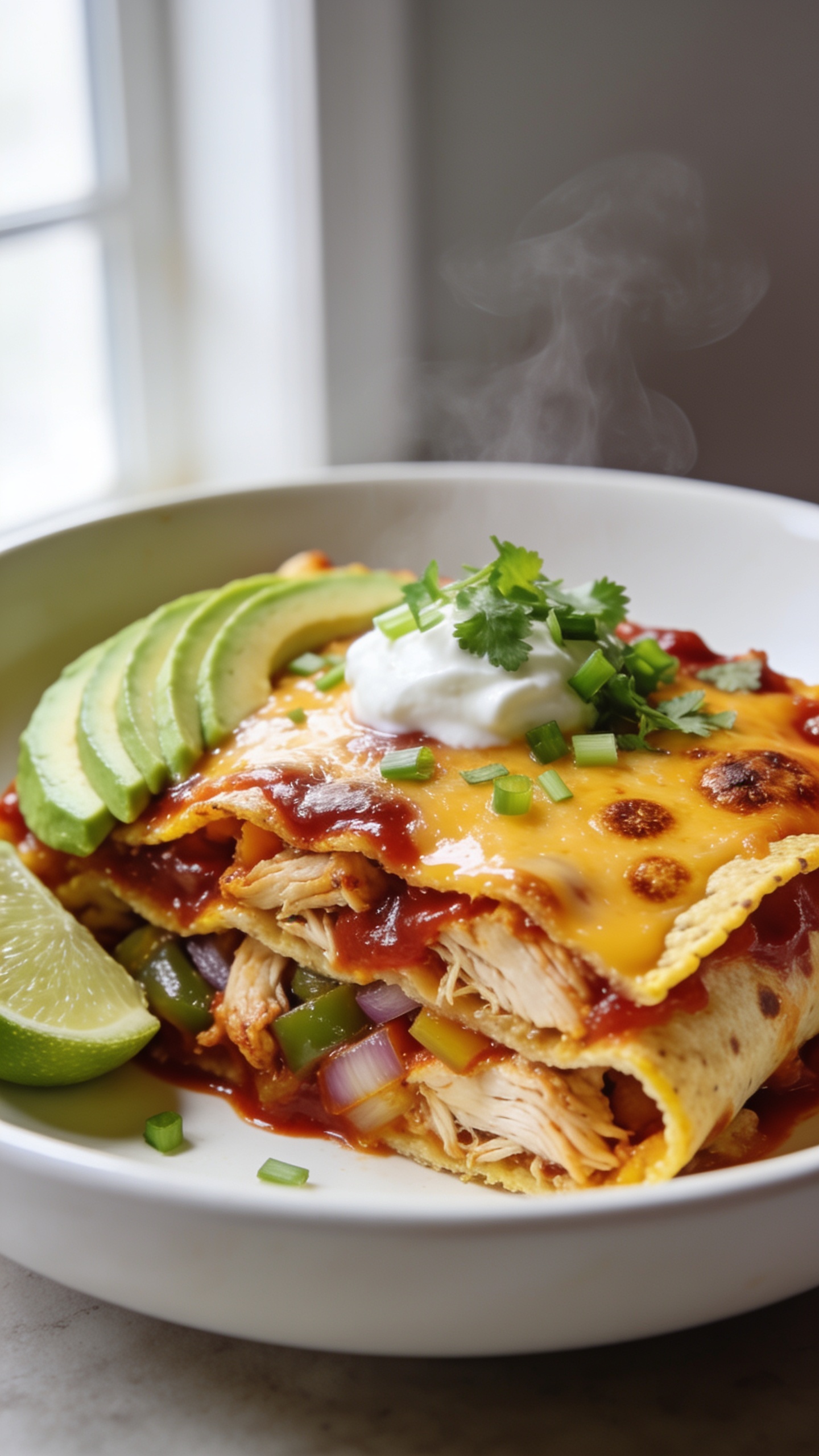 Ultra close-up hero shot of a sliced chicken enchilada casserole portion plated in a white shallow bowl, filling 90â95% of the frame. Golden-edged corn tortillas layered with juicy shredded chicken, sautĂŠed peppers and onions, all smothered in a glossy deep-red enchilada sauce and blanketed with melted cheddar-jack cheese. Cheese is lightly blistered with browned spots, edges crisp, interior saucy and moist. Garnished with a small dollop of cool sour cream, thin avocado slices fanned to the side, a lime wedge tucked near the rim, and a shower of freshly chopped cilantro and green onions. Bright natural window light from the left, soft bounce on the right, shallow depth of field with the front corner of the slice in sharp focus. No text, no hands, premium food-blog styling, vibrant colors, visible steam subtly rising.