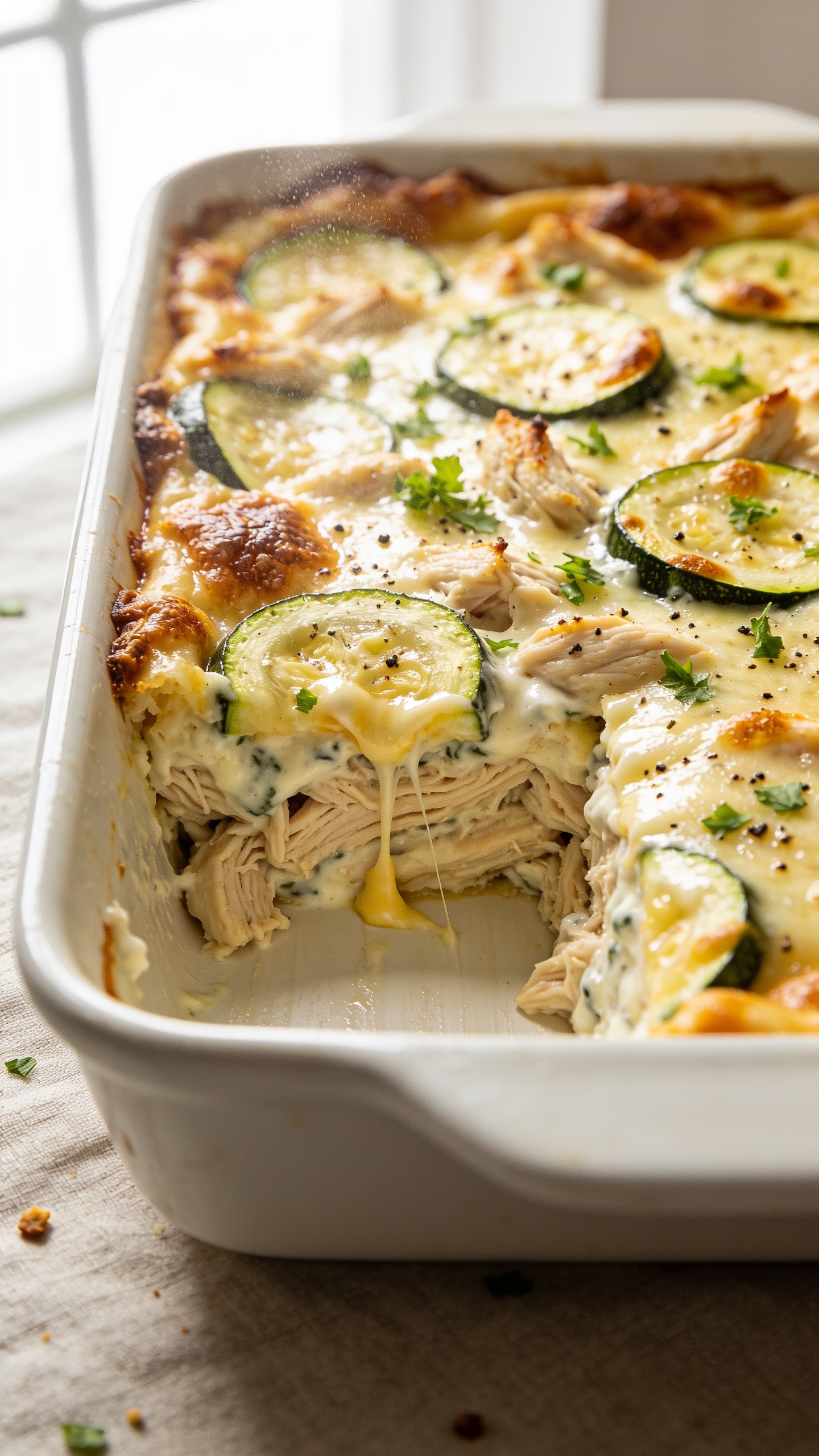 Ultra-close hero shot of a freshly baked high-protein chicken zucchini casserole in a white 9x13 baking dish, filling 90â95% of the frame. Golden, lightly blistered melted cheese across the top with browned, crispy edges; visible slices and half-moons of tender zucchini peeking through; juicy shredded or bite-size chicken pieces embedded in a creamy, Greek-yogurt-based sauce. Light scatter of fresh chopped parsley and cracked black pepper on top for contrast. A clean slice removed shows the creamy interior with glossy sheen and little cheese pull at the edge. Bright natural window light from the left, shallow depth of field, soft shadows, premium food-blog styling on a neutral linen with subtle crumbs and micro condensation/steam hints for just-baked warmth.