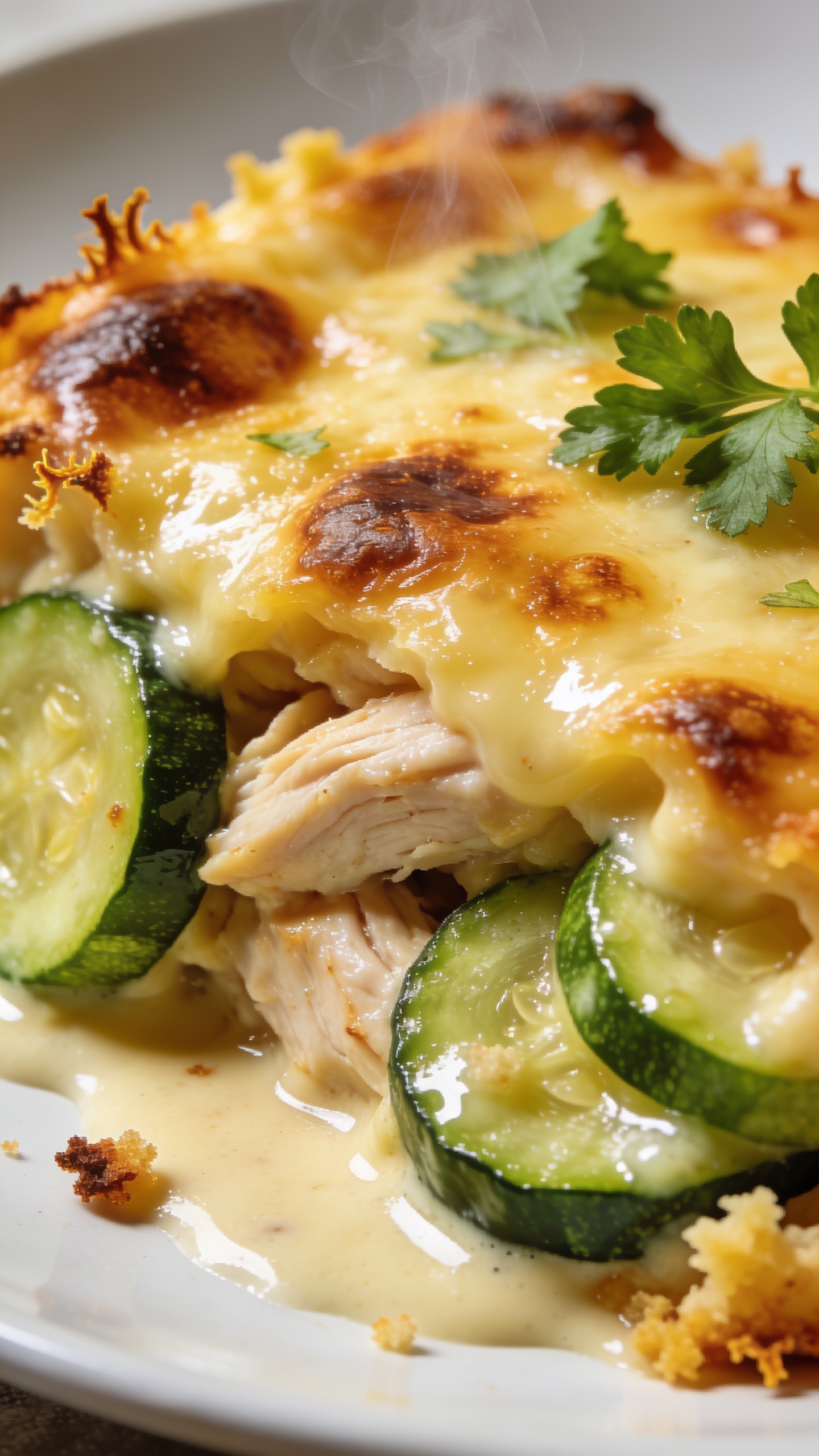 Extreme macro close-up from a lower 3/4 angle of the plated portion of the same casserole, focusing on textures: caramelized cheese crust with browned blisters, creamy sauce pooling slightly at the base, juicy chicken fibers visible where itâs fork-tender, and vibrant green zucchini rounds glistening. A few fresh parsley leaves sprinkled on top, fine steam rising subtly. The glossy cheese and sauce catch the light; crumbs and tiny browned cheese frills at the edges for crunch. Bright natural light, shallow depth of field, tight crop so the food dominates 90â95% of the frame, cohesive with the other shots.