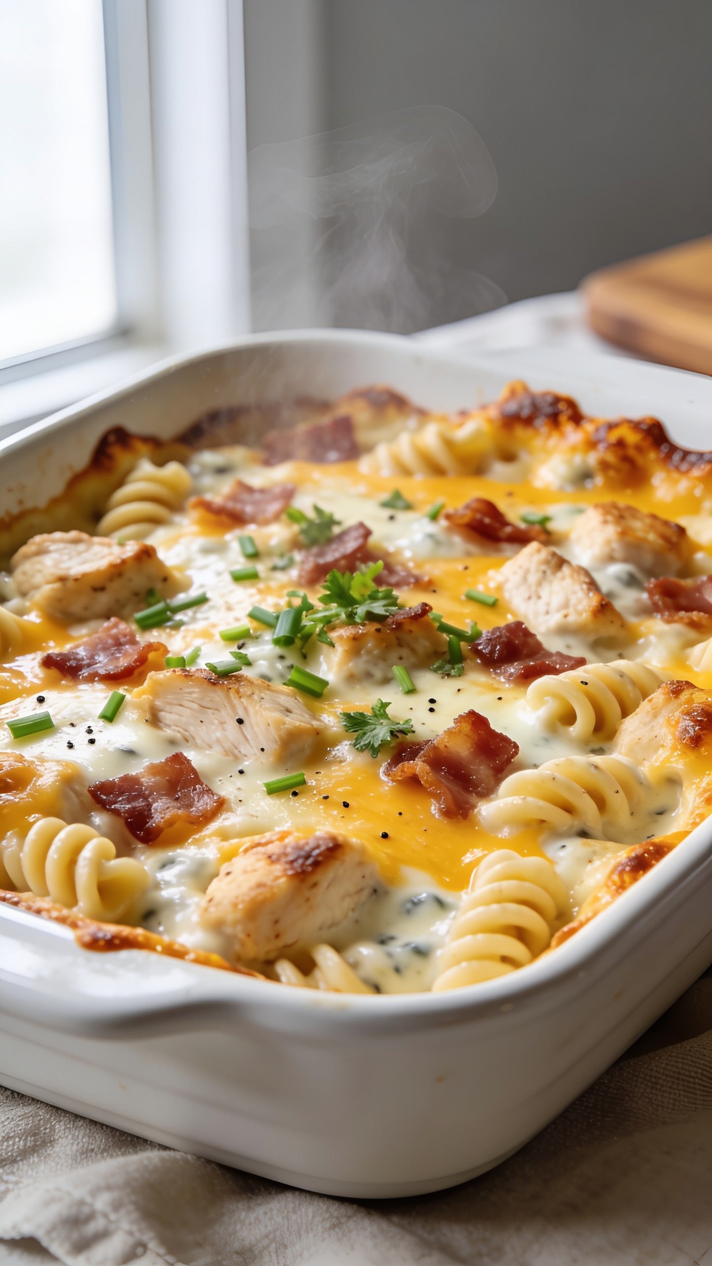 Ultra-close hero shot of a freshly baked High Protein Chicken Bacon Ranch Casserole in a white ceramic baking dish, filling 90â95% of the frame. Golden-bubbly melted cheddar and mozzarella on top with crisped bacon crumbles, chunks of juicy baked chicken, and spirals of highâprotein pasta peeking through a creamy ranch-cheese sauce. Light sprinkle of fresh chopped chives and parsley over the surface, tiny flecks of black pepper visible. Edges show slightly caramelized, crispy cheese. Bright natural window light from the side, shallow depth of field, creamy, glossy textures emphasized, steam subtly rising, premium food-blog styling on a neutral linen with a faint hint of a wooden board in the blurred background.