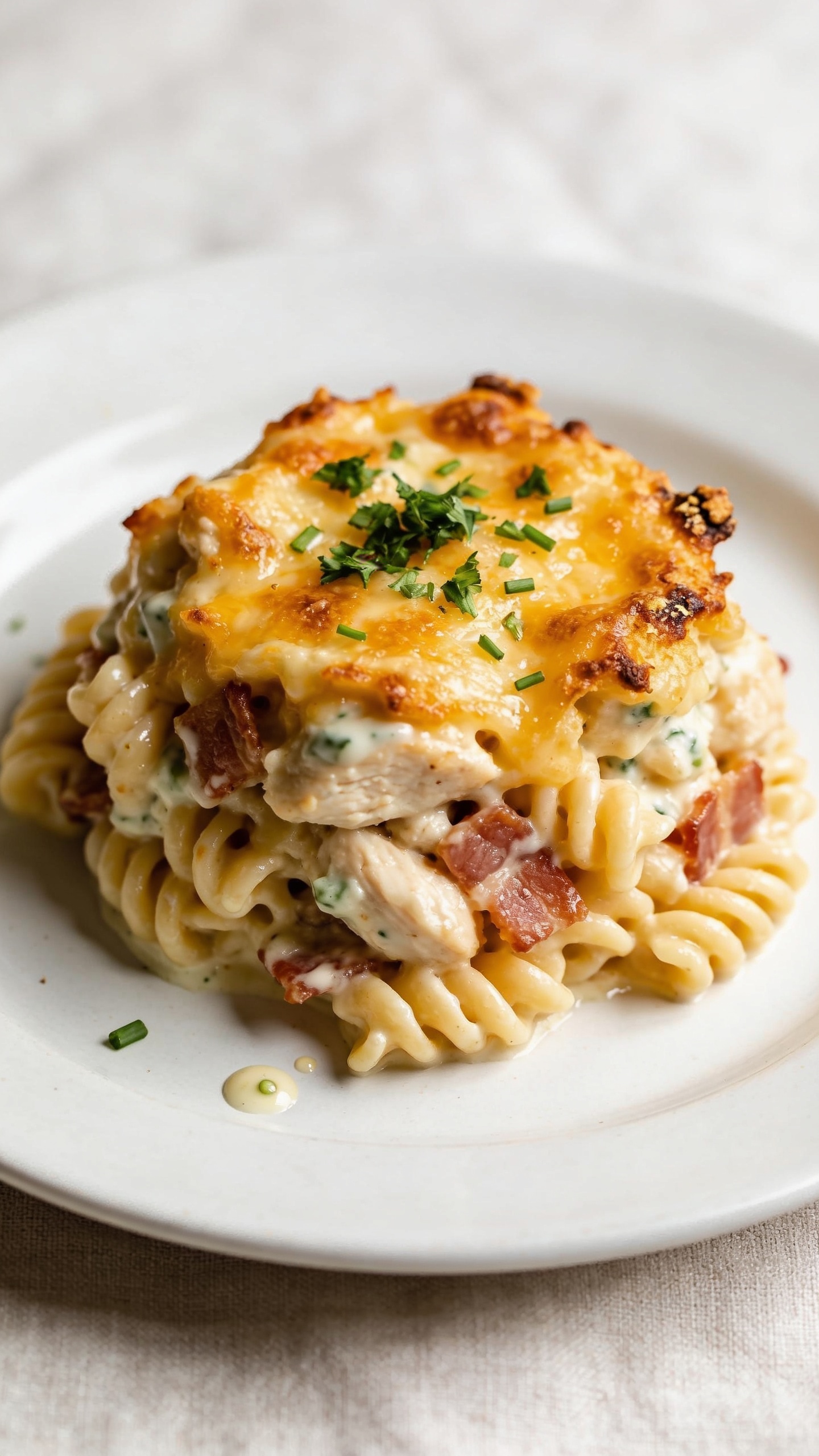 Macro close-up from a different angle of a single plated portion that matches the hero casserole exactly: mound of the chicken-bacon-pasta bake with the same golden, bubbly cheese top and crispy edges, creamy ranch-cheese sauce glistening between pasta spirals, juicy chicken pieces and crisp bacon bits clearly visible. Fine sprinkle of chopped parsley and chives on top, a few micro-beads of sauce pooling on the plate edge, tiny crackles of browned cheese at the crust. Bright natural light, shallow depth of field, food occupying 90â95% of frame, warm white plate on a soft neutral linen, premium food-blog styling.