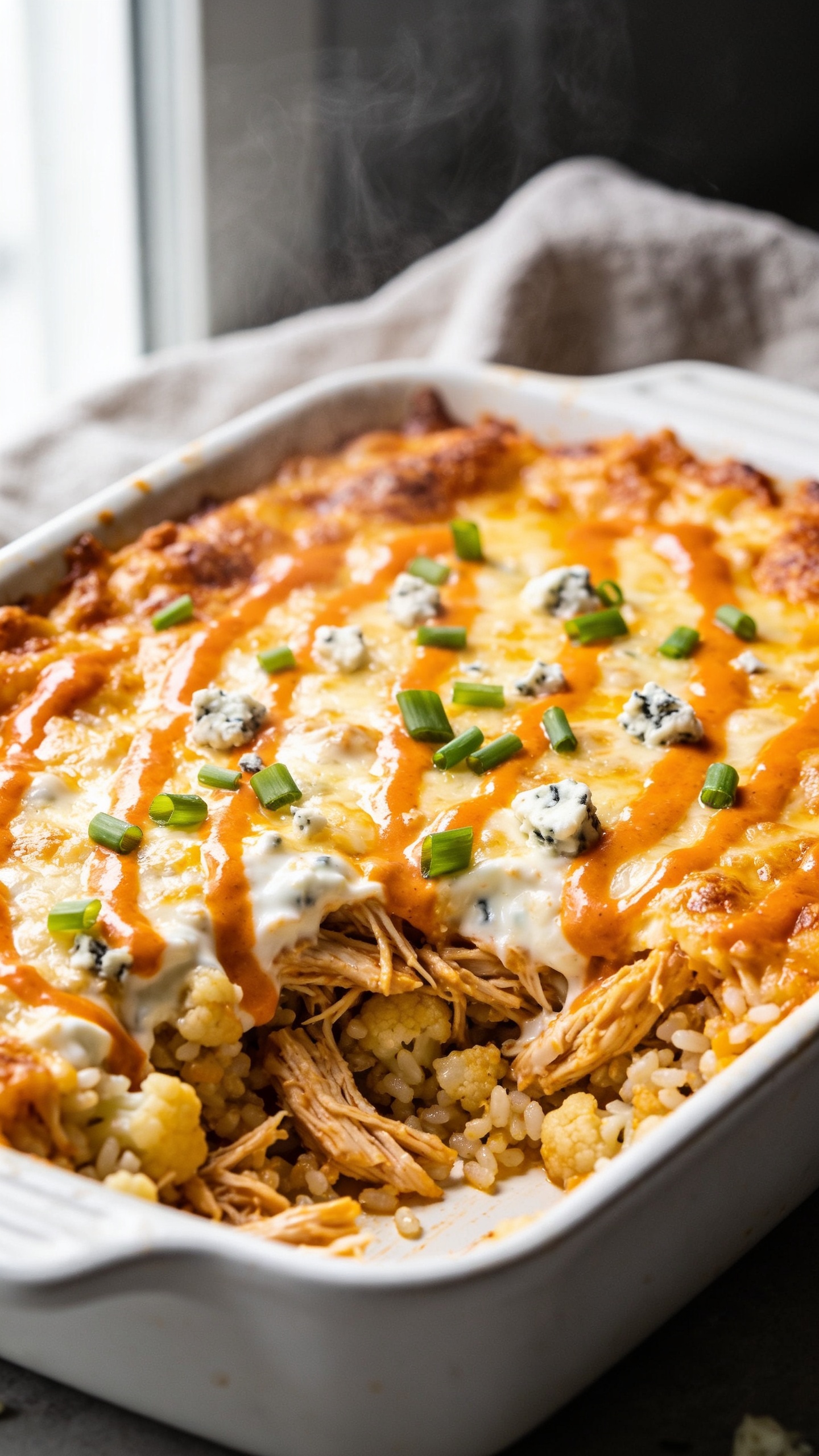 Ultra-close hero shot of a freshly baked High Protein Buffalo Chicken Casserole in a white ceramic baking dish, filling 90â95% of the frame. Golden-brown cheesy top with light blistering and crispy edges, glossy swirls of bright orange buffalo sauce marbled through melted mozzarella and a creamy Greek-yogurt base, scattered with juicy shredded chicken and tender cauliflower rice peeking through. Garnished with finely sliced green onions and a few crumbles of blue cheese for contrast. Bright natural window light from the left, shallow depth of field, soft linen napkin in a muted neutral in the extreme background blur, steam subtly rising to signal heat, premium food-blog styling, vibrant color and rich texture.