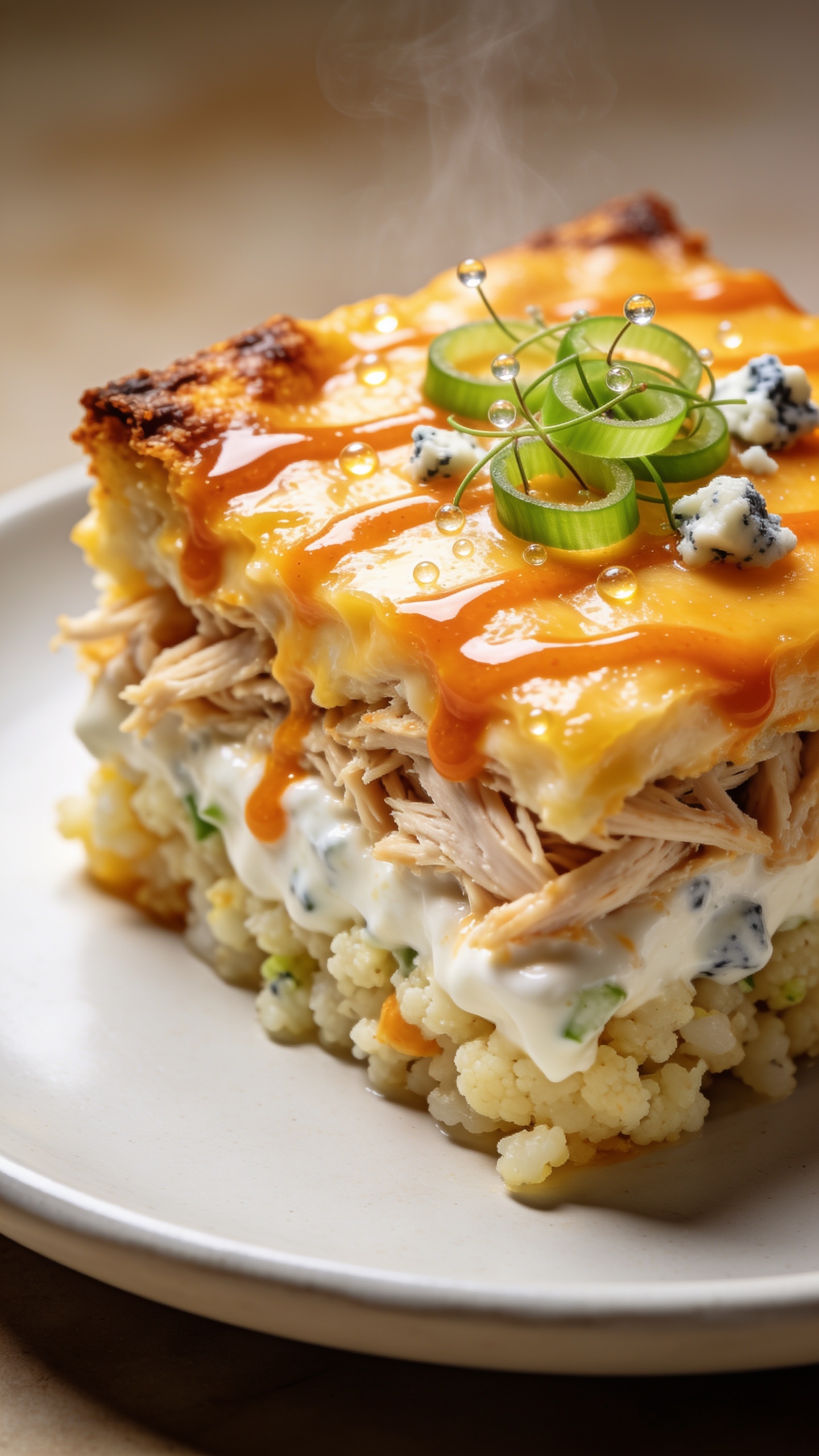 Macro close-up from a different angle of a single plated square of the same casserole on a matte white plate that nearly fills the frame, with layers clearly visible: juicy shredded chicken, creamy yogurt-based filling, cauliflower rice, and a bubbly, golden cheese cap streaked with glossy buffalo sauce. Tiny crumble of blue cheese and fresh green onion rings sprinkled on top, micro-beads of sauce catching the light, crispy browned corners for texture. Bright natural lighting, shallow depth of field with the front corner in sharp focus, subtle steam rising, minimalist blurred background in warm neutrals, rich textures and vibrant orange-white-green color contrast.