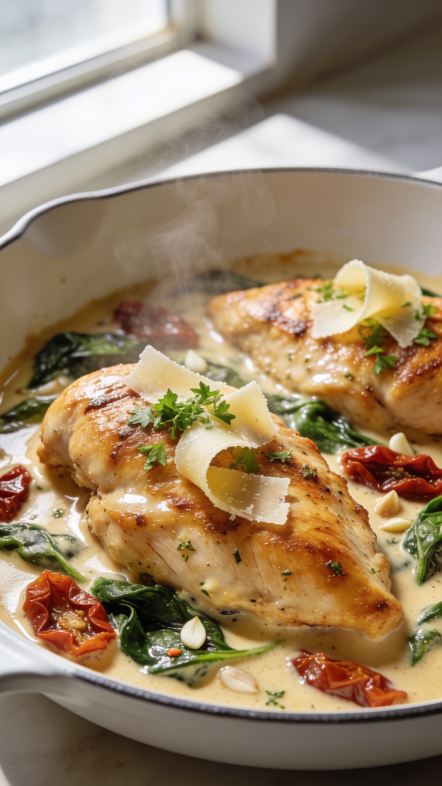Ultra close-up hero shot of One Pan Creamy Tuscan Chicken: golden, pan-seared chicken breasts nestled in a velvety cream sauce with sun-dried tomatoes and wilted spinach, flecks of garlic and Italian herbs visible, glossy sauce clinging to the chicken; a few curls of shaved parmesan and a sprinkle of freshly chopped parsley on top; served in a shallow white skillet with a minimal rim visible, food filling 90â95% of frame; bright natural window light from the left, soft shadows, shallow depth of field focusing on the front chicken piece, rich warm tones, steam subtly rising, premium food-blog styling, no text.