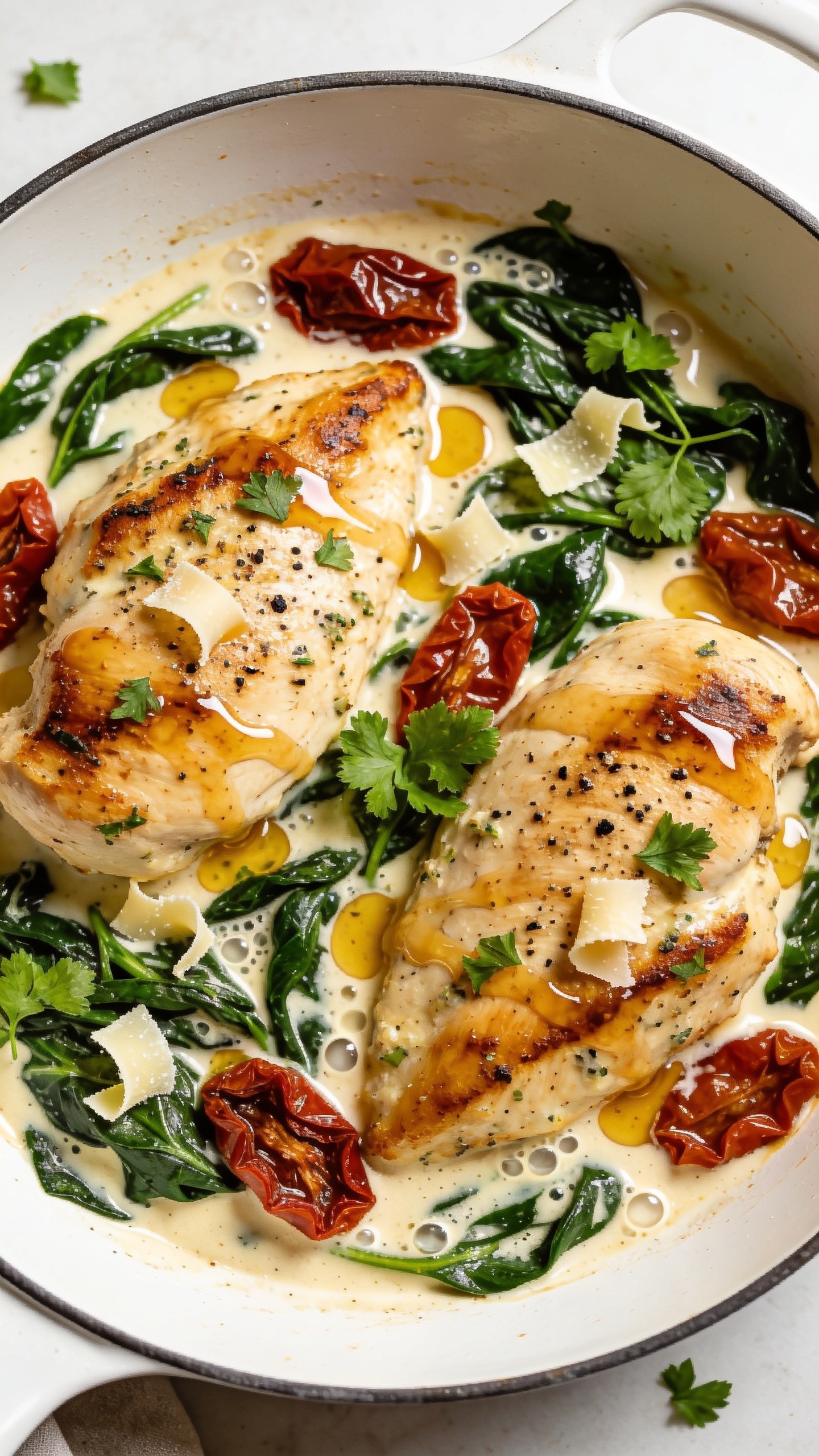 Macro angle from slightly overhead: the same finished Tuscan chicken in the shallow white skillet, saucy pools around each breast, sun-dried tomato pieces glistening, spinach vibrant and silky, micro-bubbles and streaks in the cream showing thickness; edges of chicken crisped and well-seasoned, cracked black pepper and Italian herb flecks visible; a light drizzle of extra sauce spooned over the top captured mid-gloss; a few scattered parmesan curls and fresh parsley leaves; bright natural light, shallow depth of field, food filling 90â95% of frame, cohesive with the first two images, no text.