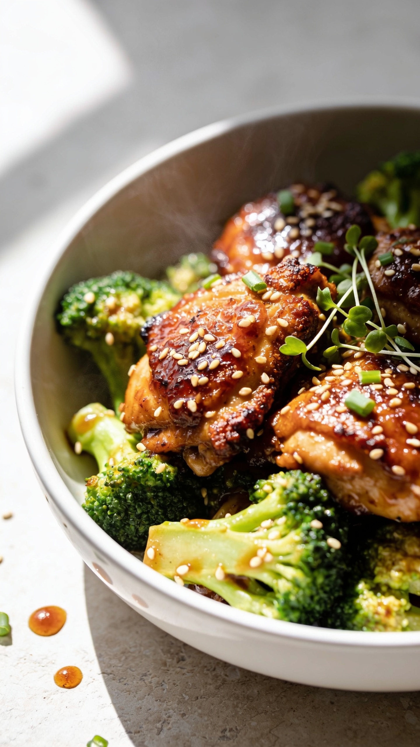Ultra-close hero shot of One Pan Honey Garlic Chicken & Broccoli plated in a shallow white bowl: glossy, caramelized chicken thigh pieces with crispy edges nestled among vibrant tender-crunchy broccoli florets, all coated in a sticky honey-garlic-soy glaze; a few toasted sesame seeds and micro-chopped green onions scattered for freshness; small puddles of lacquered sauce clinging to the bowl; bright natural window light from the left, soft shadows, shallow depth of field, food filling 90â95% of frame, premium food-blog styling on a neutral light stone surface, steam subtly rising to suggest just-cooked heat, colors rich and saturated, no text.