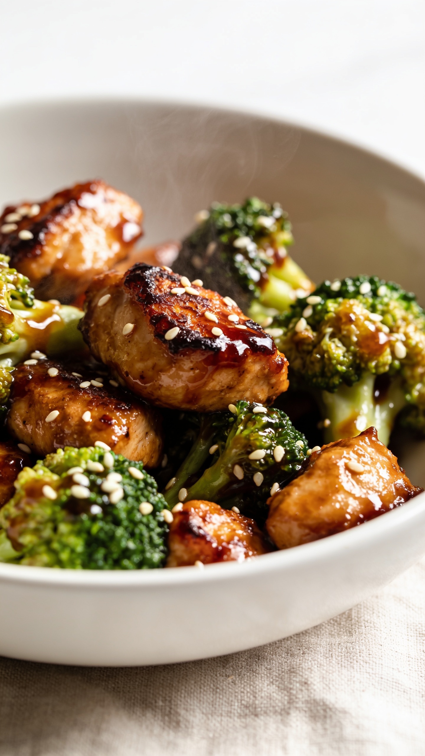 Macro angle from slightly overhead and to the side, focusing on textures: caramelized chicken pieces with crisped edges and deep mahogany glaze pooled in glossy highlights, tender-crunchy broccoli crowns glistening with sauce, sesame seeds speckled across, whisper of steam; a sleek white bowl nearly edge-to-edge in frame over a light linen; bright natural lighting, shallow depth of field isolating a few centerpiece bites, rich colors and shine, 90â95% food-in-frame, consistent look with images 1 and 2, no text.