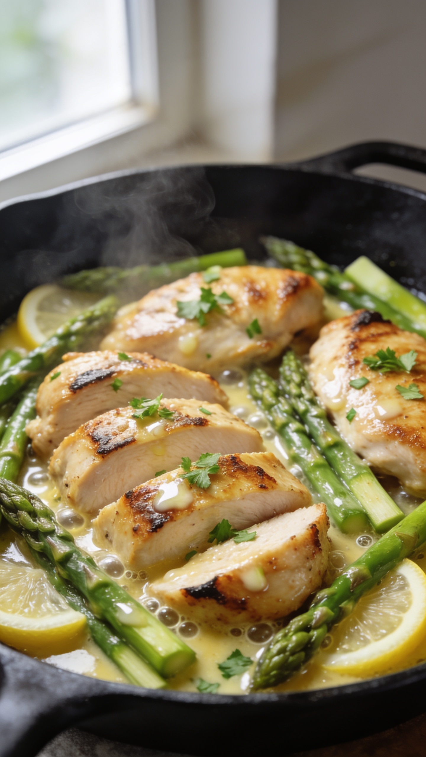Extreme close-up hero shot of One Pan Garlic Butter Chicken & Asparagus in a black cast-iron skillet, filling 90–95% of the frame. Juicy, golden-seared chicken thighs sliced into thick pieces with crisp edges, nestled among vibrant, crisp-tender asparagus spears cut on a bias. A glossy, silky garlic butter sauce clings to the chicken and vegetables with visible micro-bubbles and sheen. Thin lemon wedges and a light scatter of chopped fresh parsley add brightness. Natural window light from the left, shallow depth of field with soft bokeh in the background, steam subtly rising, rich textures highlighted, no text, no hands, premium food-blog styling.