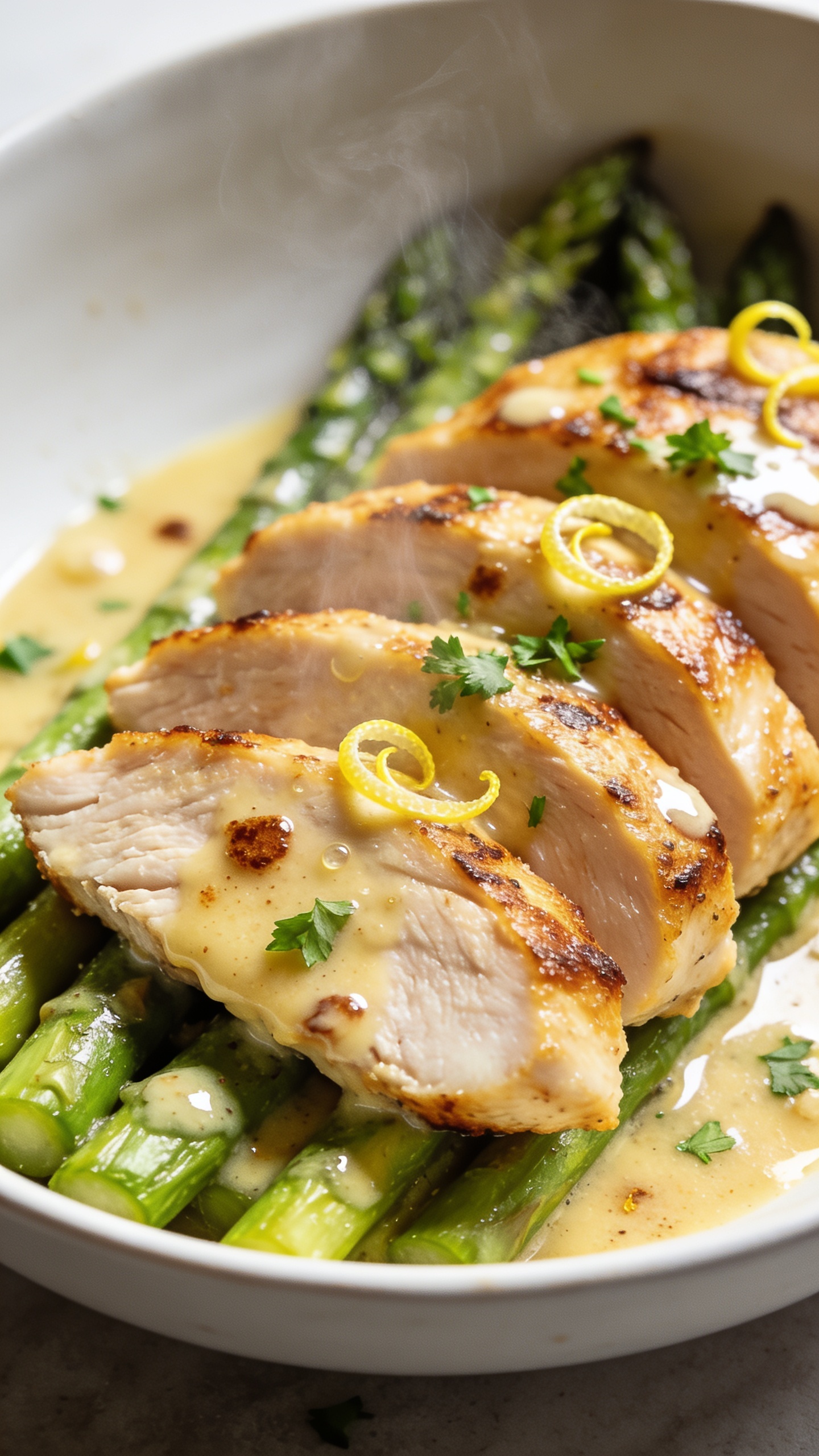 Ultra close-up angled top-down detail shot of the same finished dish plated in a shallow white bowl: thick slices of golden-seared chicken fanned over a bed of crisp-tender asparagus spears, all lacquered in a rich, silky garlic butter sauce. Fine droplets of sauce glisten, with browned fond flecks, a squeeze of lemon evidenced by a few tiny zest curls, and a sprinkle of chopped parsley for color pop. Bright natural lighting, shallow depth of field isolating the front edge of the chicken, visible steam, vibrant greens and deep golden tones, food filling 90–95% of the frame, cohesive with the hero image.