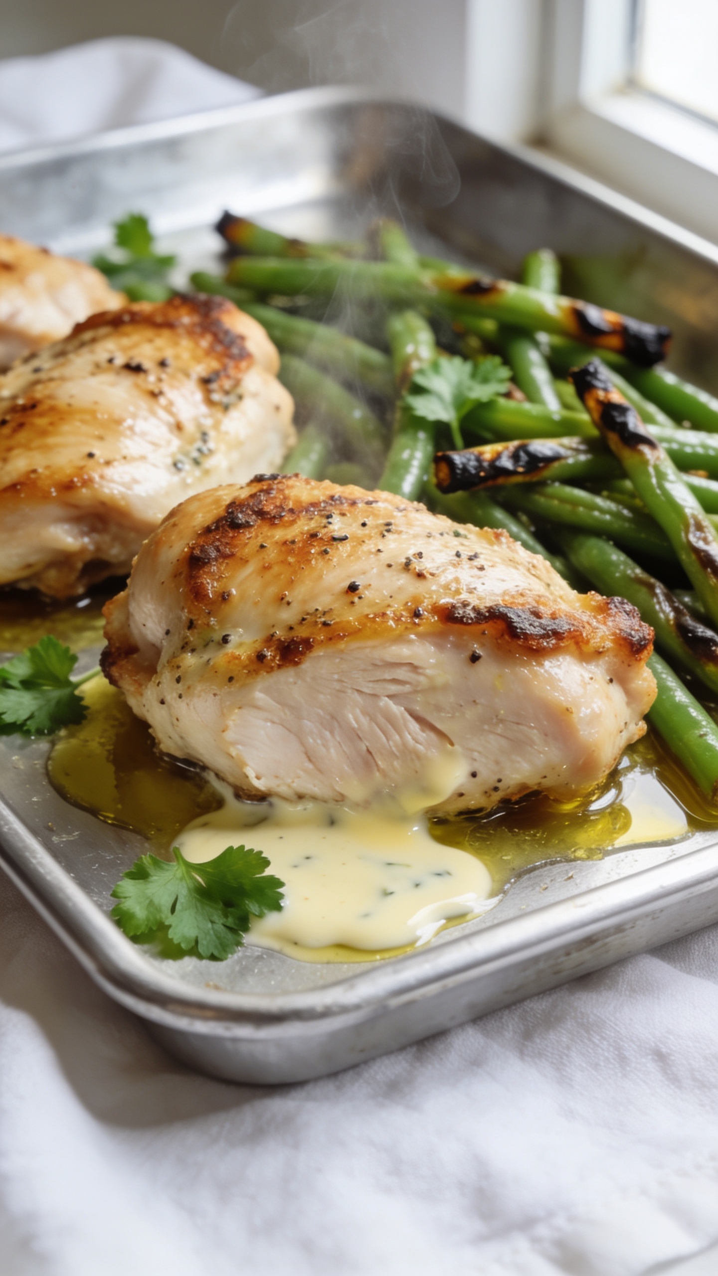 Ultra-close, hero shot of One Pan Ranch Chicken & Green Beans just out of the oven: golden-brown boneless skinless chicken thighs with crisped ranch-seasoned edges and visible pepper flecks, nestled beside vibrant, blistered green beans with charred tips; light gloss of olive oil and melted ranch butter pooling on the sheet pan; a few fresh parsley leaves scattered for color; shallow depth of field with the front chicken thigh in sharp focus showing juicy texture and rendered edges; bright natural window light from the side, subtle steam rising; shot on a matte silver sheet pan atop a white linen, no hands, no text, food filling 90â95% of frame, premium food-blog styling.