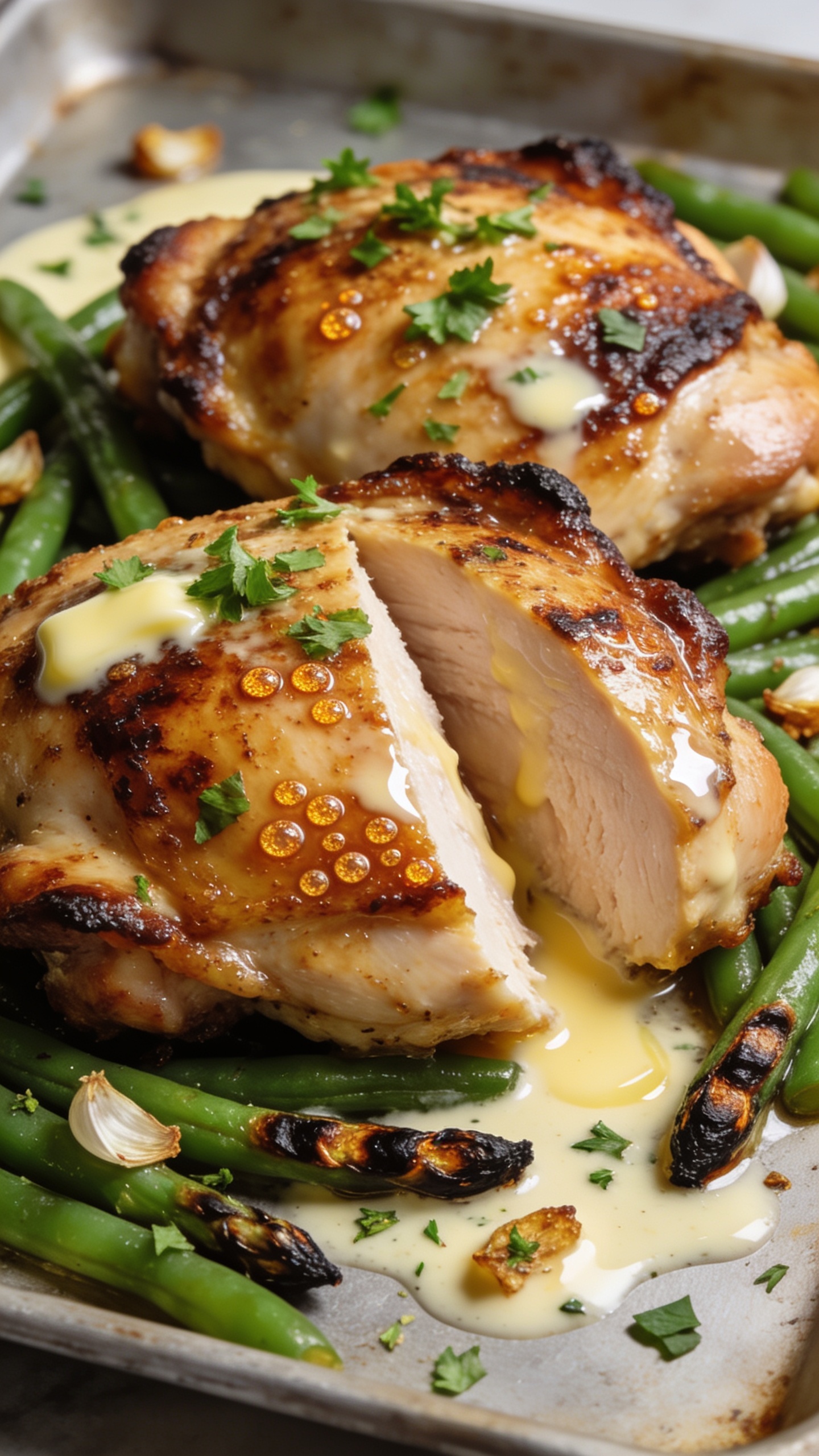 Extreme close-up from a low angle focusing on texture contrast: two ranch-roasted chicken thighs overlapping, edges deeply caramelized with tiny crisp bubbles, sliced edge of one thigh revealing moist, glistening interior; green beans tucked alongside with charred tips, a few toasted garlic bits and herb flecks scattered; a delicate brush of melted ranch butter shimmering across the surface; finishing sprinkle of fresh chopped parsley adding pop; shallow depth of field isolating the front textures, bright natural light creating appetizing highlights; shot on the same sheet pan for continuity, food occupying 90â95% of frame, cohesive with the hero and action images.
