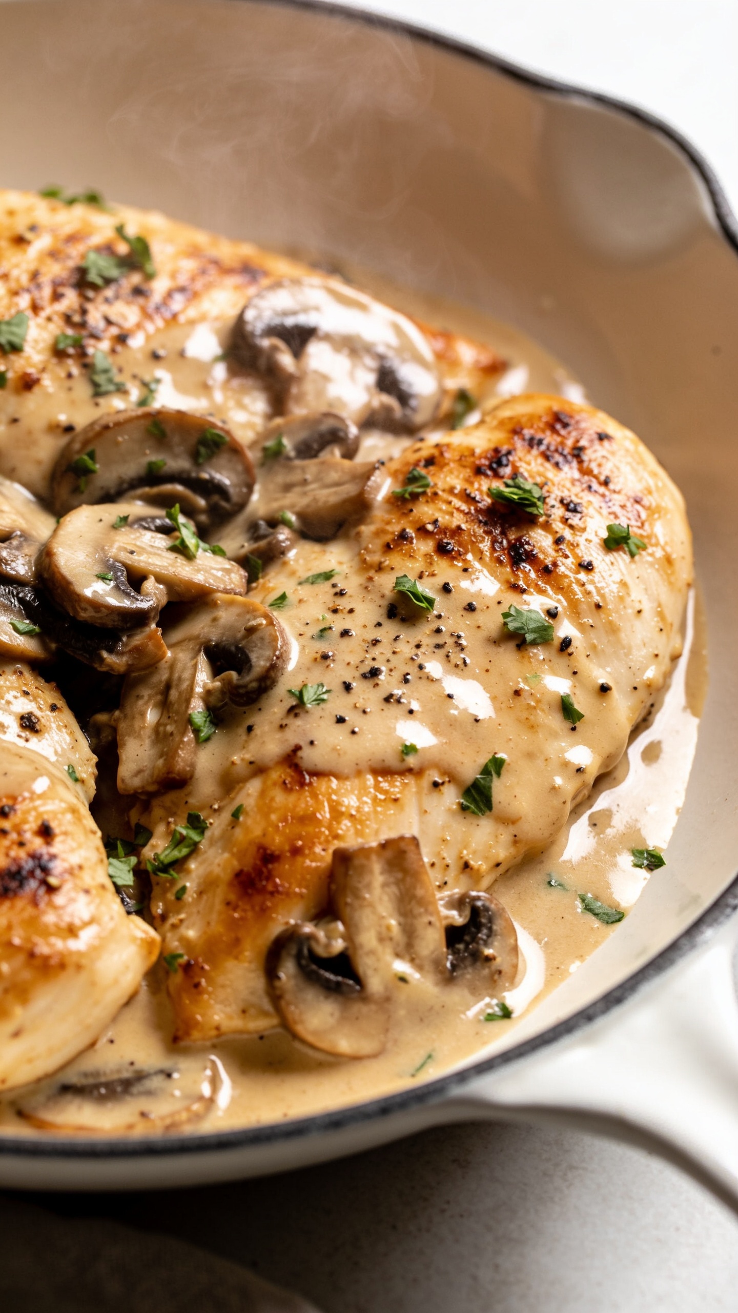 Ultra-close hero shot of One Pan Creamy Mushroom Chicken: golden-brown seared chicken breasts nestled in a glossy, silky cream sauce with sautéed cremini and shiitake mushroom slices, speckled with freshly cracked black pepper and chopped parsley. Sauce clings to the chicken with visible fond-browned bits, faint steam rising. Plate the chicken in a shallow white skillet-style plate with sauce pooling around, mushrooms layered over and around the chicken. Bright natural side light, shallow depth of field, creamy highlights on the sauce, warm neutral background, 90–95% frame filled with the dish, premium food-blog styling.