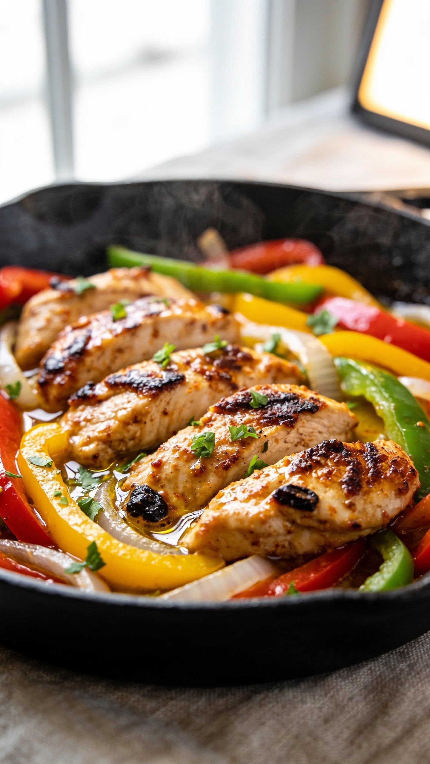 Ultra-close hero shot of One Pan Cajun Chicken & Peppers: juicy seared boneless chicken thigh strips with deep caramelized edges, glistening in a light Cajun pan-sauce, nestled among tender julienned bell peppers (equal parts red, yellow, and green) and translucent sautĂŠed onions; a few charred bits and glossy sheen from olive oil; scattered fresh chopped parsley; served in a black cast-iron skillet to emphasize one-pan cooking; vibrant, saturated colors, steam subtly rising; bright natural window light from the left, soft reflector fill on the right; shallow depth of field with foreground chicken in crisp focus, background peppers artfully blurred; 90â95% frame filled with food, premium food-blog styling on a neutral linen backdrop.