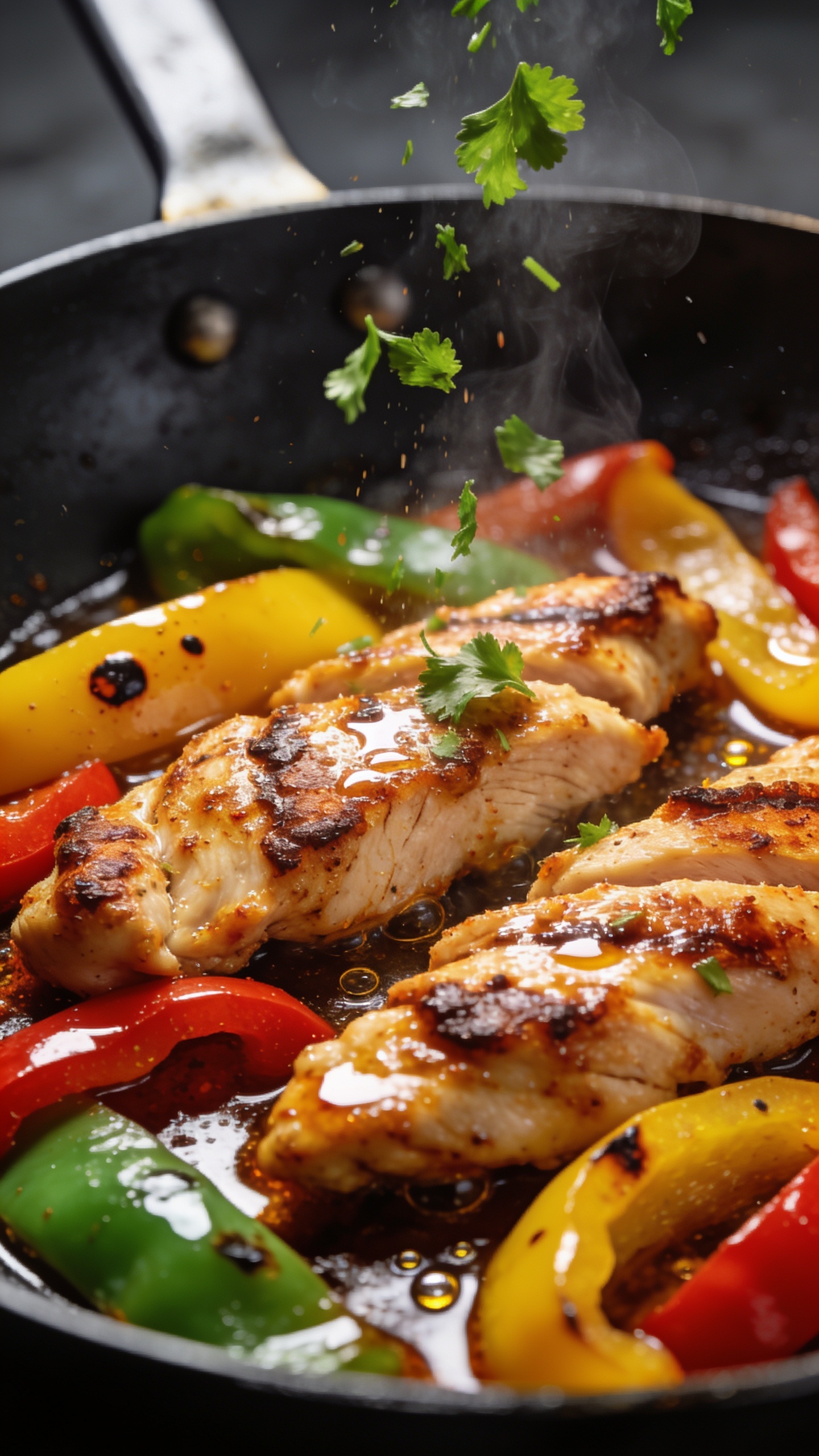 Extreme close-up angle on the same finished skillet: juicy chicken strips with crispy browned edges lacquered in Cajun-spiced pan juices, peppers softened and glossy (red, yellow, green) with a few char-kissed spots; fine beads of oil catching light; a final sprinkle of fresh parsley mid-fall captured in motion above the skillet; subtle steam veils; bright natural side light with gentle highlights, moody yet clean shadows; shallow depth of field emphasizing succulent textures; 90â95% of frame filled with food, cohesive styling matching the other shots.