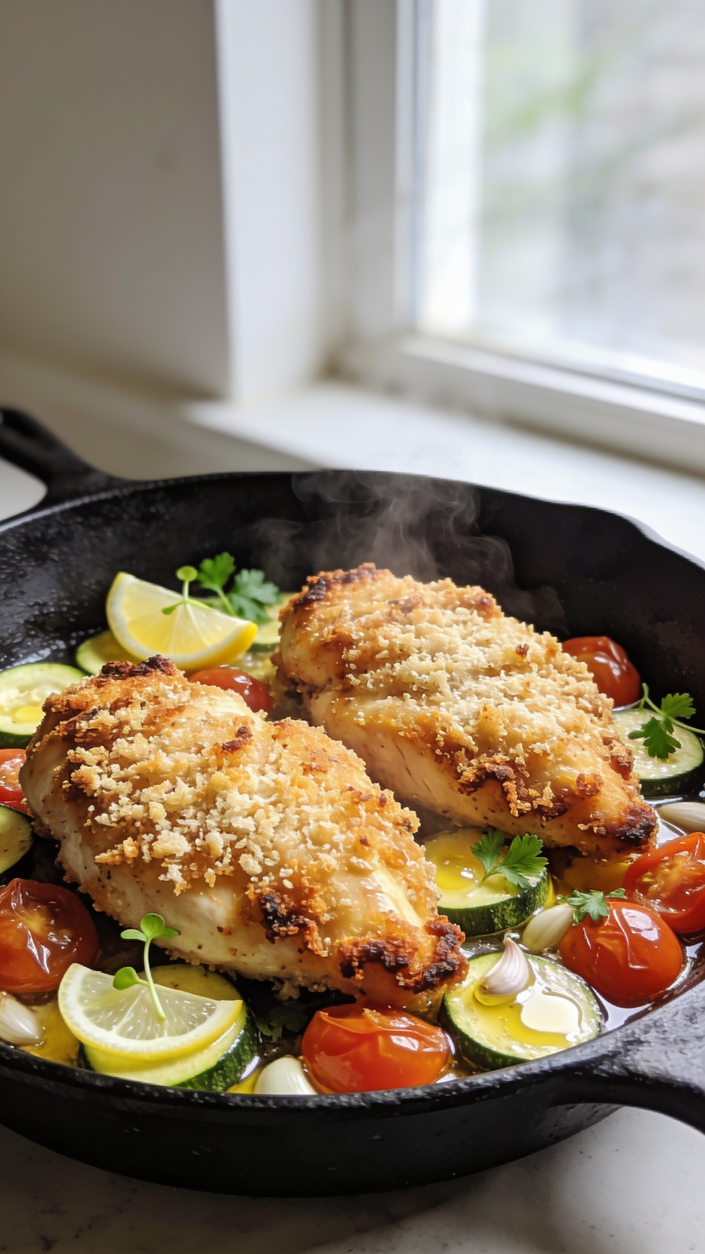 Ultra-close hero shot of One Pan Parmesan Crusted Chicken in a black cast-iron skillet: two golden-brown chicken breasts with a thick, craggy Parmesan–panko crust, edges deeply crisped and flecked with toasted crumbs; nestled around are glossy sautéed zucchini coins and blistered cherry tomatoes lightly sauced with butter, olive oil, garlic, and lemon. A few micro-slices of lemon and a sprinkle of fresh parsley leaves accent the scene. Bright natural window light from the side, shallow depth of field, steam gently rising, highlights catching the crunchy crust and glistening veggies. Food fills 90–95% of frame, premium food-blog styling, no text.