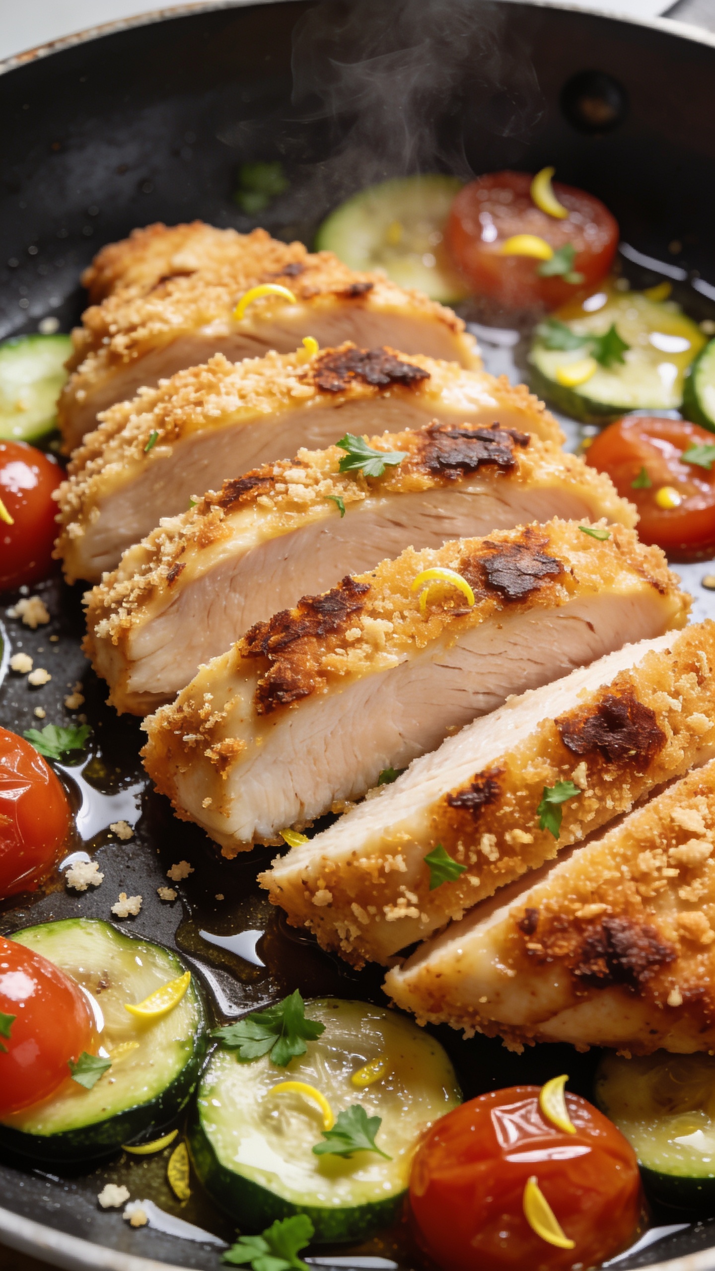 Tight macro angle from slightly above: sliced Parmesan-crusted chicken breast fanned on the skillet, revealing moist, perfectly cooked interior contrasted with a deeply browned, uneven, extra-crispy cheese–panko coating. Pan sauce glistens in small pools around sautéed zucchini and burst cherry tomatoes, with tiny lemon zest flecks and fresh parsley scattered. Crisp crumbs on the surface, micro oil sheen, steam rising softly. Bright natural lighting, shallow depth of field isolating textures, food filling 90–95% of the frame, cohesive with the other shots.