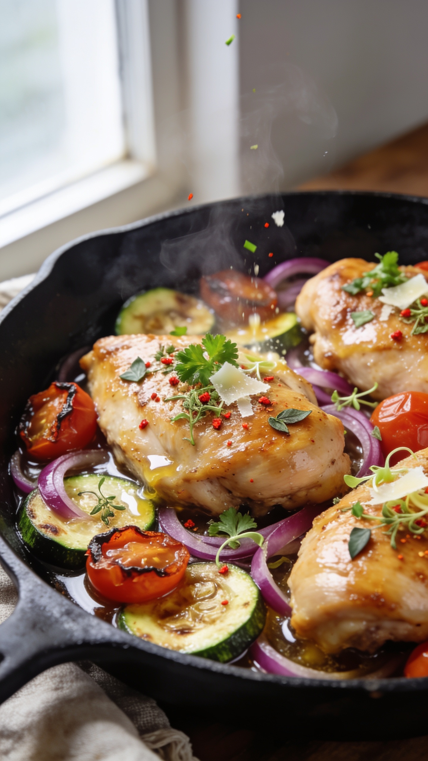 Ultra-close hero shot of One Pan Italian Chicken & Zucchini in a black cast-iron skillet: glossy, golden-brown boneless skinless chicken thighs nestled with caramelized zucchini half-moons, scattered cherry tomato halves blistered at the edges, ribbons of sautéed red onion, and a glistening pan sauce. Finish with a shower of chopped fresh parsley and tiny oregano leaves, a light sprinkle of red pepper flakes, and micro-shavings of Parmesan melting into the juices. Bright natural window light from the left, shallow depth of field, food filling 90–95% of frame, steam subtly rising, rustic linen barely peeking at the edge, rich textures and saturated colors, premium food-blog styling.