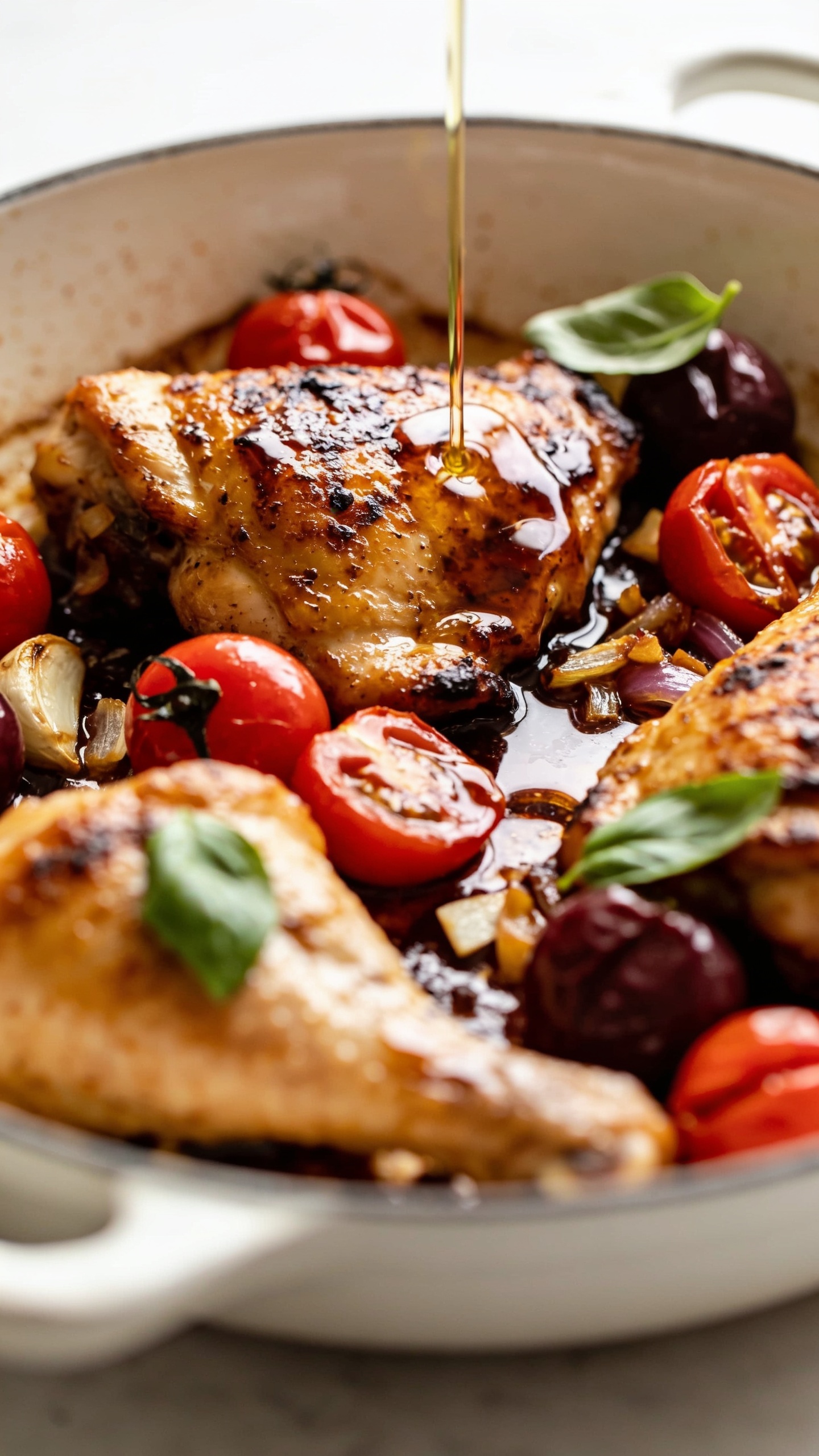 Extreme close-up hero shot of one-pan balsamic chicken and cherry tomatoes just out of the oven, plated family-style in a shallow white ceramic skillet. Golden seared chicken thighs glazed with a glossy, reduced balsamic-honey sauce, edges slightly charred from high-heat roasting. Burst cherry tomatoes in shades of red and deep crimson, some split and pooling sweet-tart juices around the chicken. Garlic shards and caramelized onion bits clinging to the sauce. Fresh basil leaves torn and scattered, a final drizzle of olive oil catching bright natural window light. Shallow depth of field with the foreground chicken thigh in sharp focus, background softly blurred. No text, no hands, 90–95% of frame filled with food, premium food-blog styling.