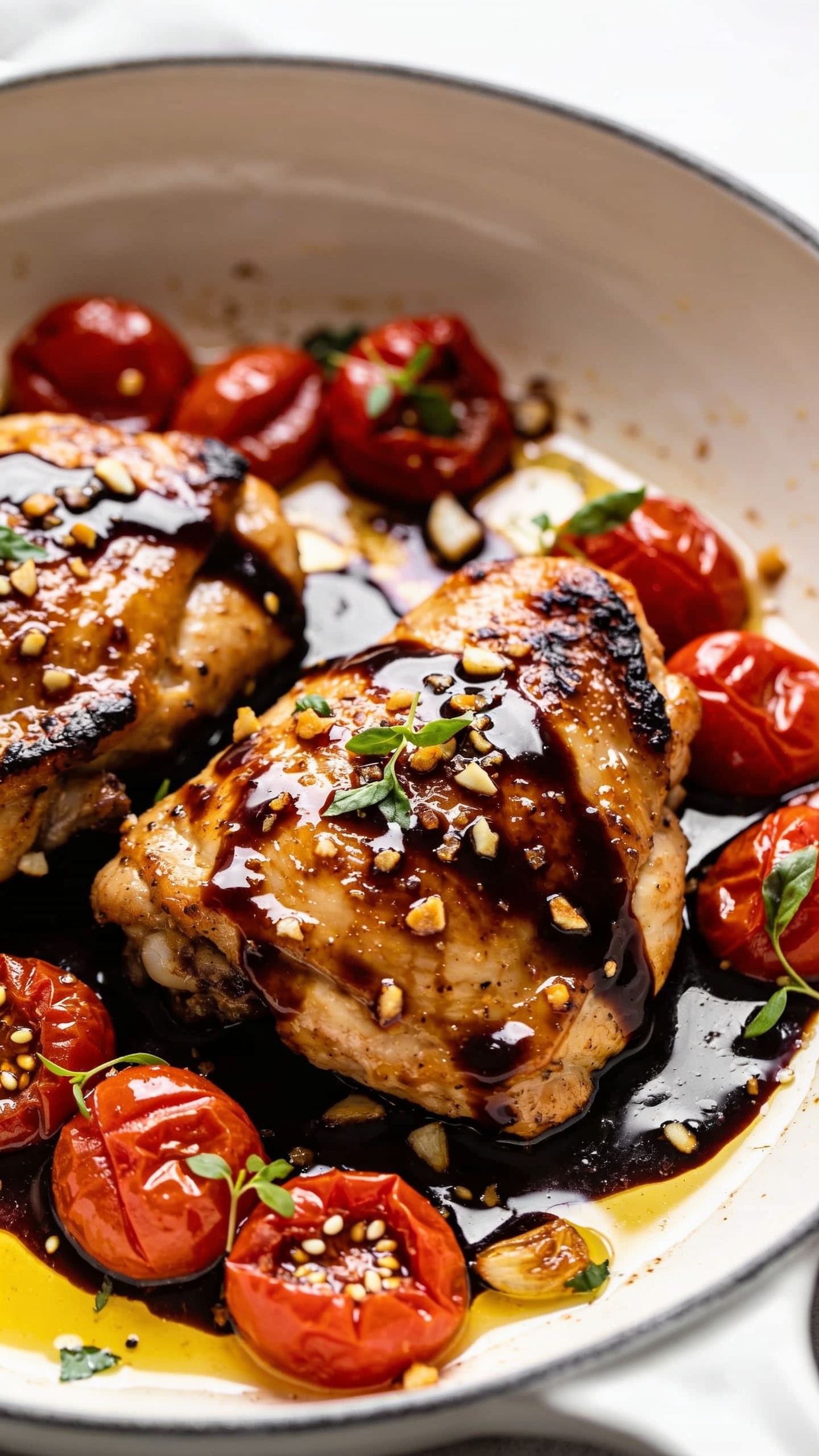 Tight macro from a 45-degree angle of the same finished dish in the white skillet: two chicken thighs front-and-center lacquered with dark, syrupy balsamic glaze, sticky rivulets pooling in the pan. Wrinkled, jammy cherry tomatoes nestled around, some collapsed with seeds glistening in the sauce. Charred edges on chicken and tomatoes for smoky contrast. Sprinkles of minced roasted garlic and micro-tears of basil, plus a light gloss of olive oil. Bright natural side lighting, shallow depth of field emphasizing glossy surfaces and juicy textures, 90–95% of frame filled with food, cohesive with the hero image.