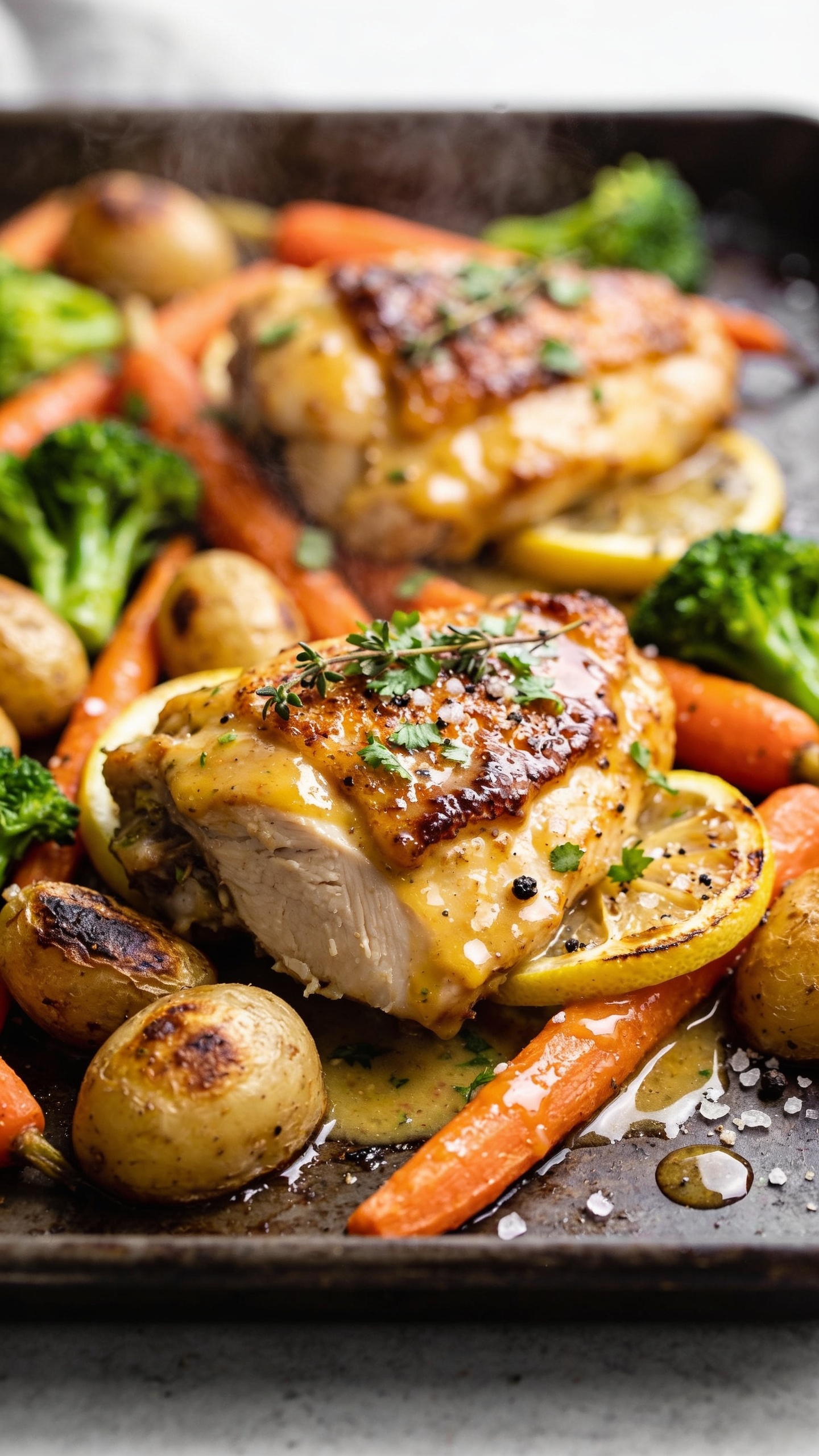 Extreme close-up hero shot of One Pan Dijon Herb Chicken & Veggies: golden, pan-roasted chicken thighs with crisped skin glazed in a glossy Dijon-lemon-herb sauce, nestled among caramelized tri-color carrots, baby potatoes with blistered edges, and bright-green broccolini tips; flecks of fresh chopped parsley and thyme on top, thin lemon slices roasted and tucked around the chicken, coarse black pepper and sea salt crystals visible; food fills 95% of frame on a dark, well-seasoned sheet pan with a few shiny sauce puddles; bright natural side lighting, shallow depth of field, tack-sharp focus on the front chicken thigh showing juicy texture and crispy edges, background softly blurred; premium food-blog styling with vibrant colors, steam subtly wafting.