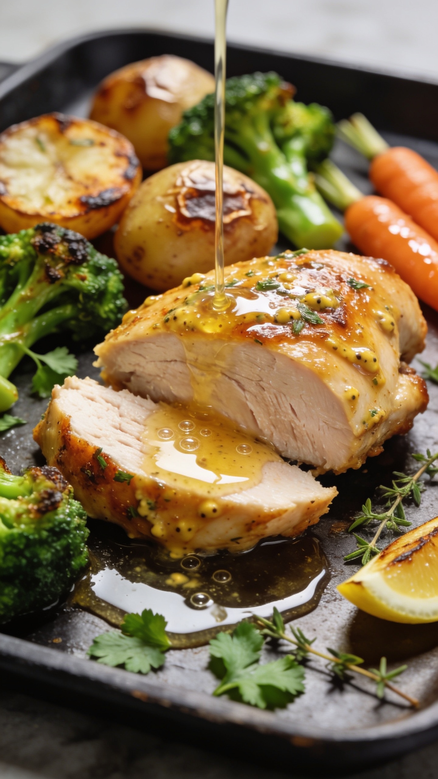 Macro close-up from a different angle: focus on a single chicken thigh sliced to reveal moist, tender interior beneath crisp golden skin brushed with glossy Dijon-herb glaze; roasted baby potatoes with crackled surfaces and caramelized edges, broccolini with vibrant green florets and slight char, and tender carrots glistening; a light pour of warm pan juices pooling around the slice, micro-beads of oil catching the light; scattered fresh parsley and thyme leaves, a thin roasted lemon wedge nearby; food fills 90â95% of frame on the same dark sheet pan, bright natural lighting, shallow depth of field, rich textures and vivid color.