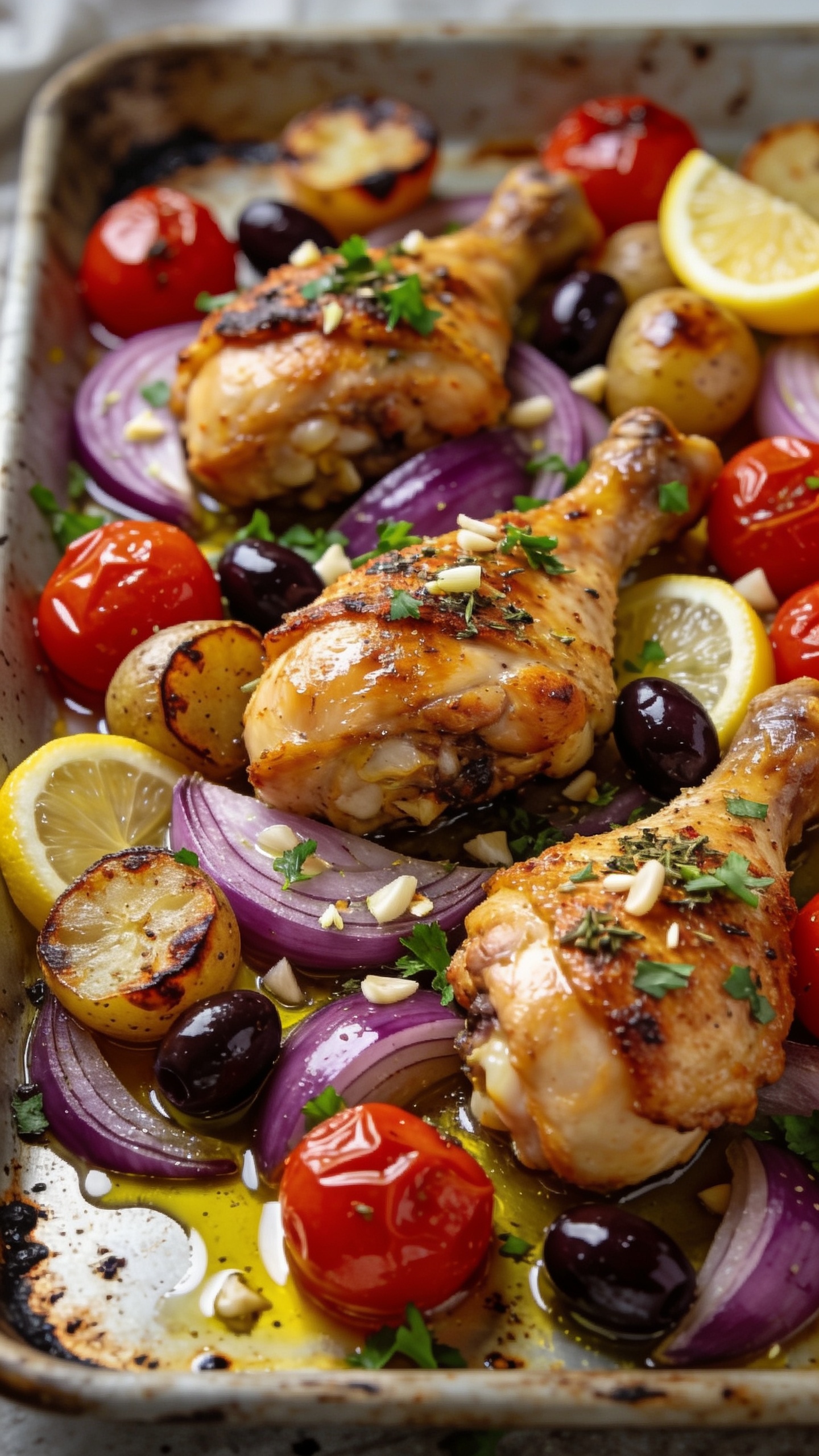 Ultra-close hero shot of a one-pan Mediterranean chicken bake just out of the oven: golden, crispy-skinned bone-in chicken thighs nestled among blistered cherry tomatoes, halved baby potatoes with caramelized edges, red onion wedges, kalamata olives, and lemon wedges, all glistening with extra-virgin olive oil and speckled with minced garlic, oregano, and chopped fresh parsley. Food fills 90–95% of frame on a rustic sheet pan with light charred bits and pan juices pooling; bright natural side lighting, shallow depth of field, vivid reds, golds, and greens, glossy textures and crispy edges in sharp focus, soft bokeh on background.