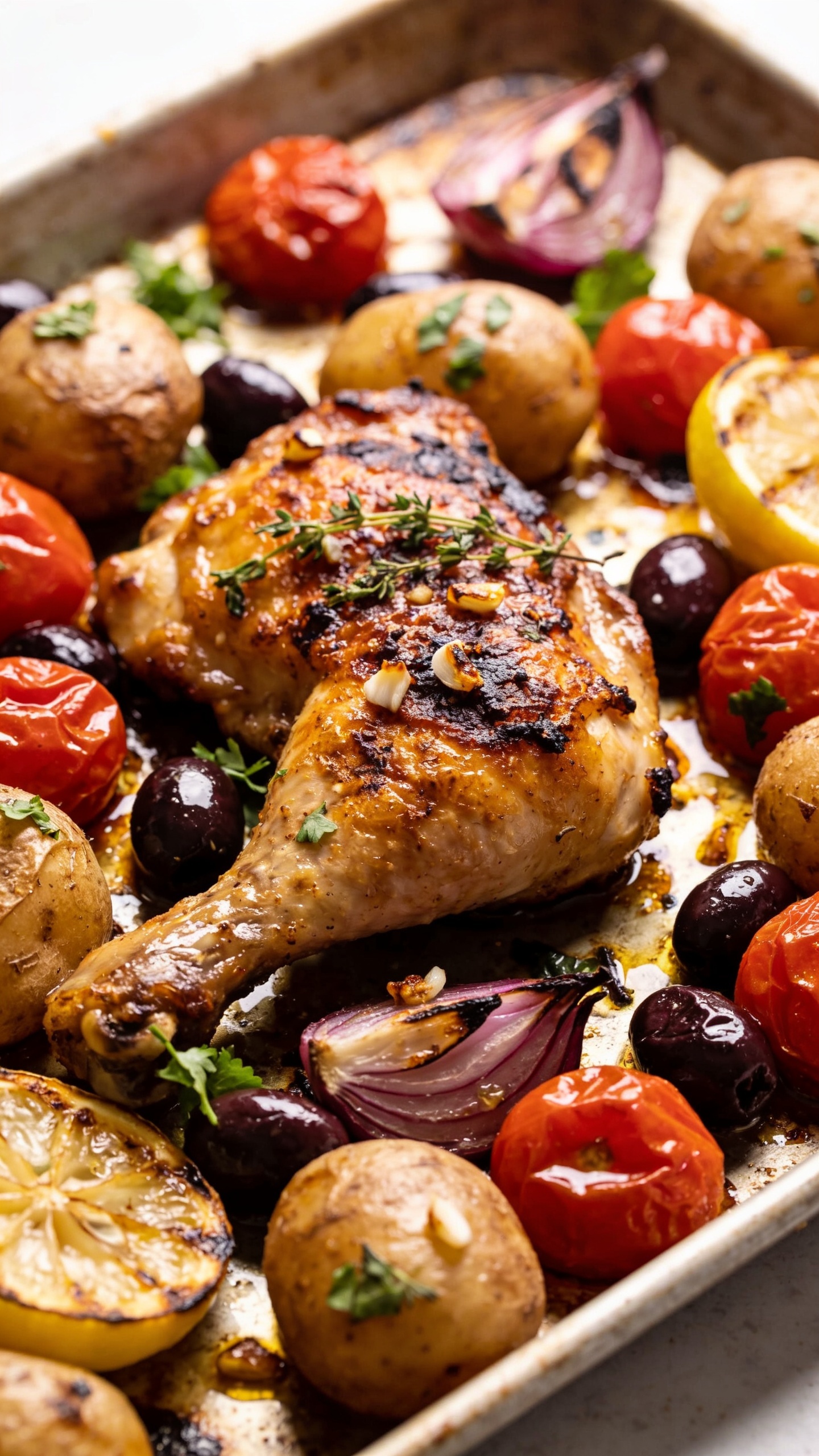 Side-angle macro close-up of a single chicken thigh on the sheet pan, skin blistered and deeply golden with crisp edges, surrounded tightly by roasted baby potatoes, wrinkled cherry tomatoes releasing juices, glossy kalamata olives, charred red onion petals, and roasted lemon wedges. Fresh parsley and oregano scattered over top, visible garlic bits caramelized on the surface, pan juices shimmering in tiny pools. Bright natural top-left light, shallow depth of field, rich contrast and saturation, food dominating 90–95% of frame to match the same finished recipe styling.