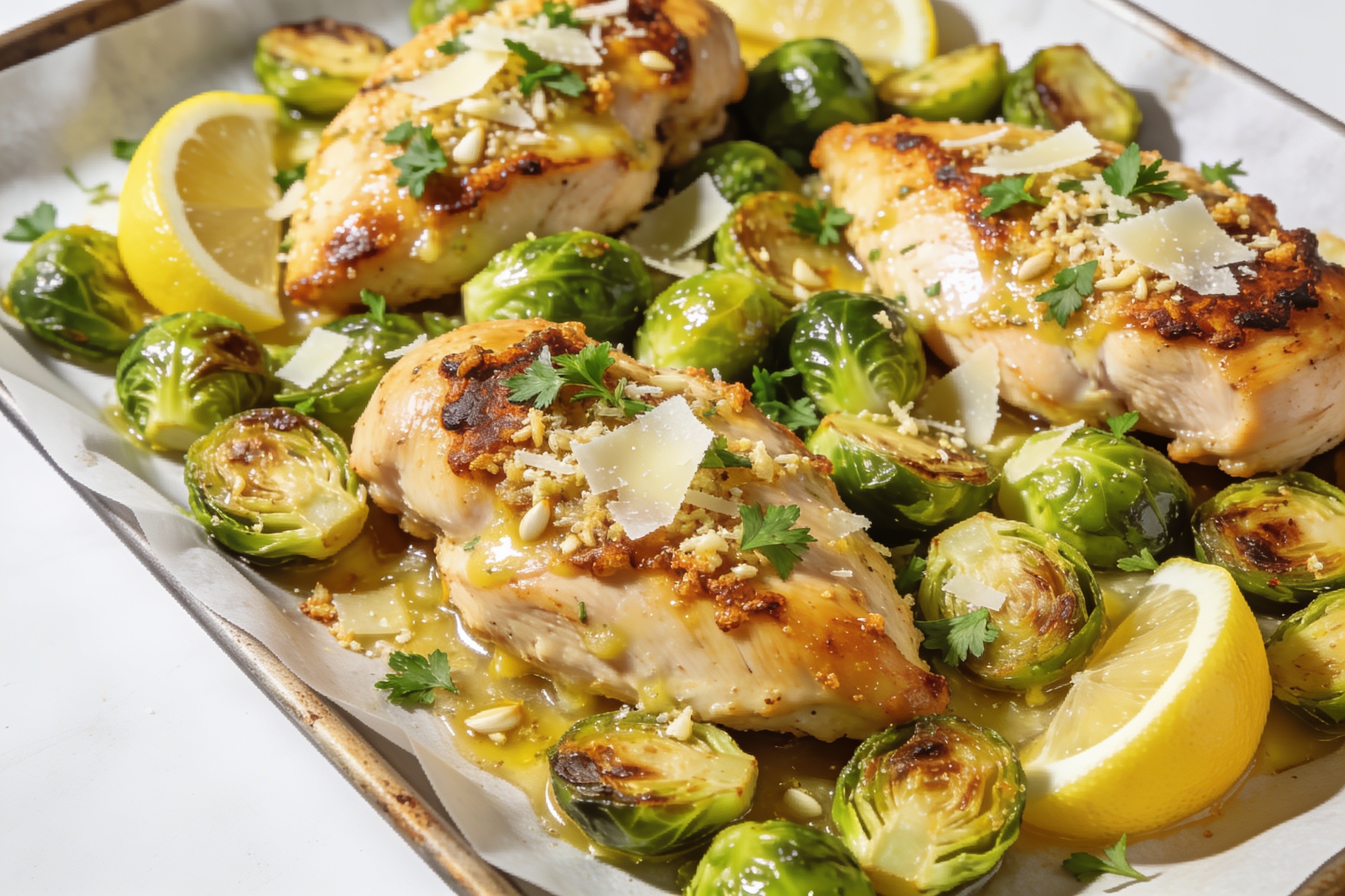One Pan Garlic Parmesan Chicken & Brussels Sprouts