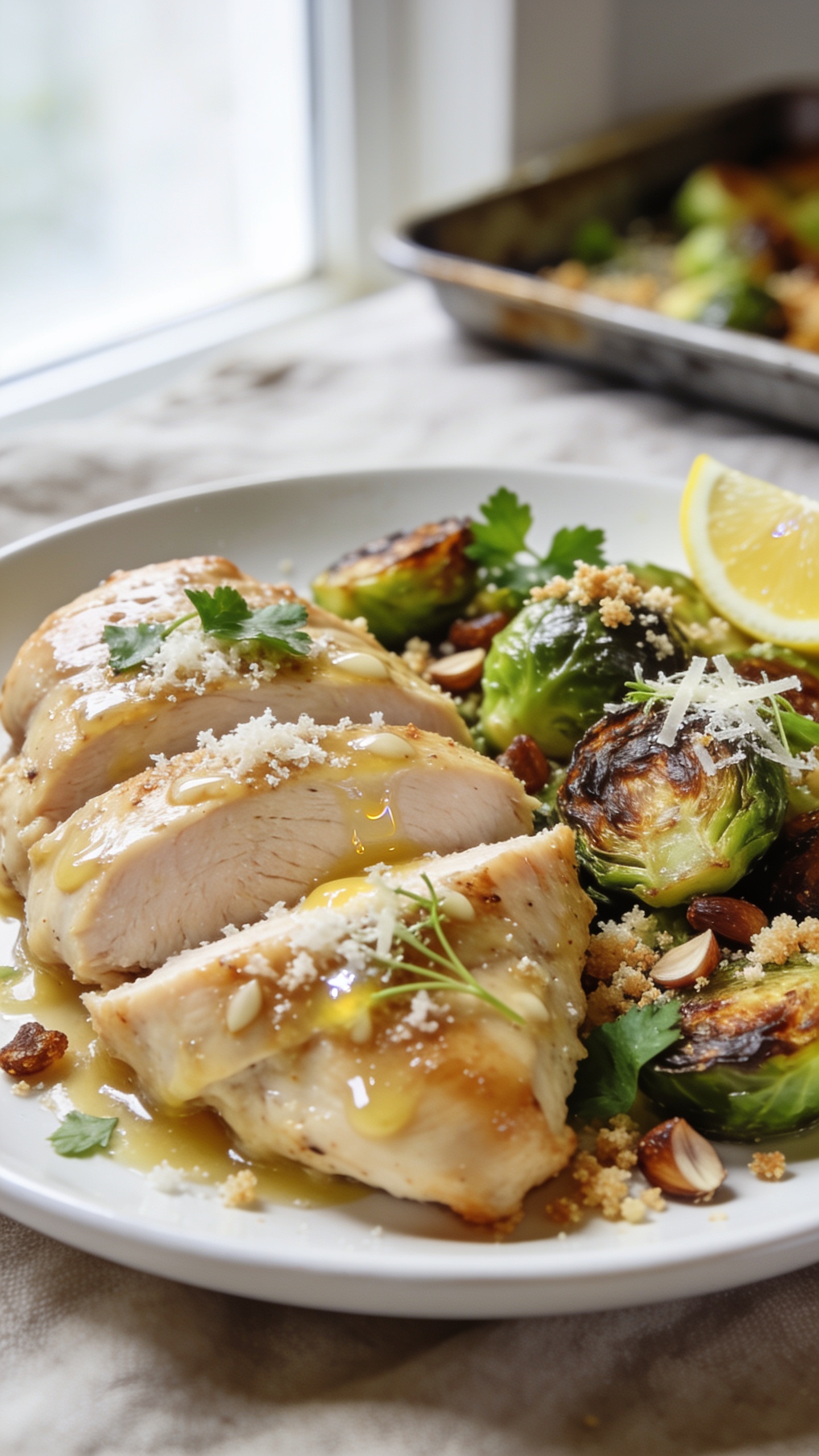 Ultra-close-up hero shot of One Pan Garlic Parmesan Chicken & Brussels Sprouts on a white ceramic plate: juicy boneless, skinless chicken thighs sliced to reveal moist interior, coated in glossy garlic-butter sauce and dusted with finely grated Parmesan; caramelized Brussels sprouts with deeply browned, crispy edges and vibrant green centers; tiny browned garlic bits and toasted panko-parmesan crumbs scattered; a few fresh parsley leaves and micro-grated Parmesan melting on top; small lemon wedge tucked to the side with a faint sheen; food fills 90â95% of frame, bright natural window light from the left, shallow depth of field, neutral linen backdrop and blurred sheet pan in the background for context, premium food-blog styling, rich textures and vivid color contrast.
