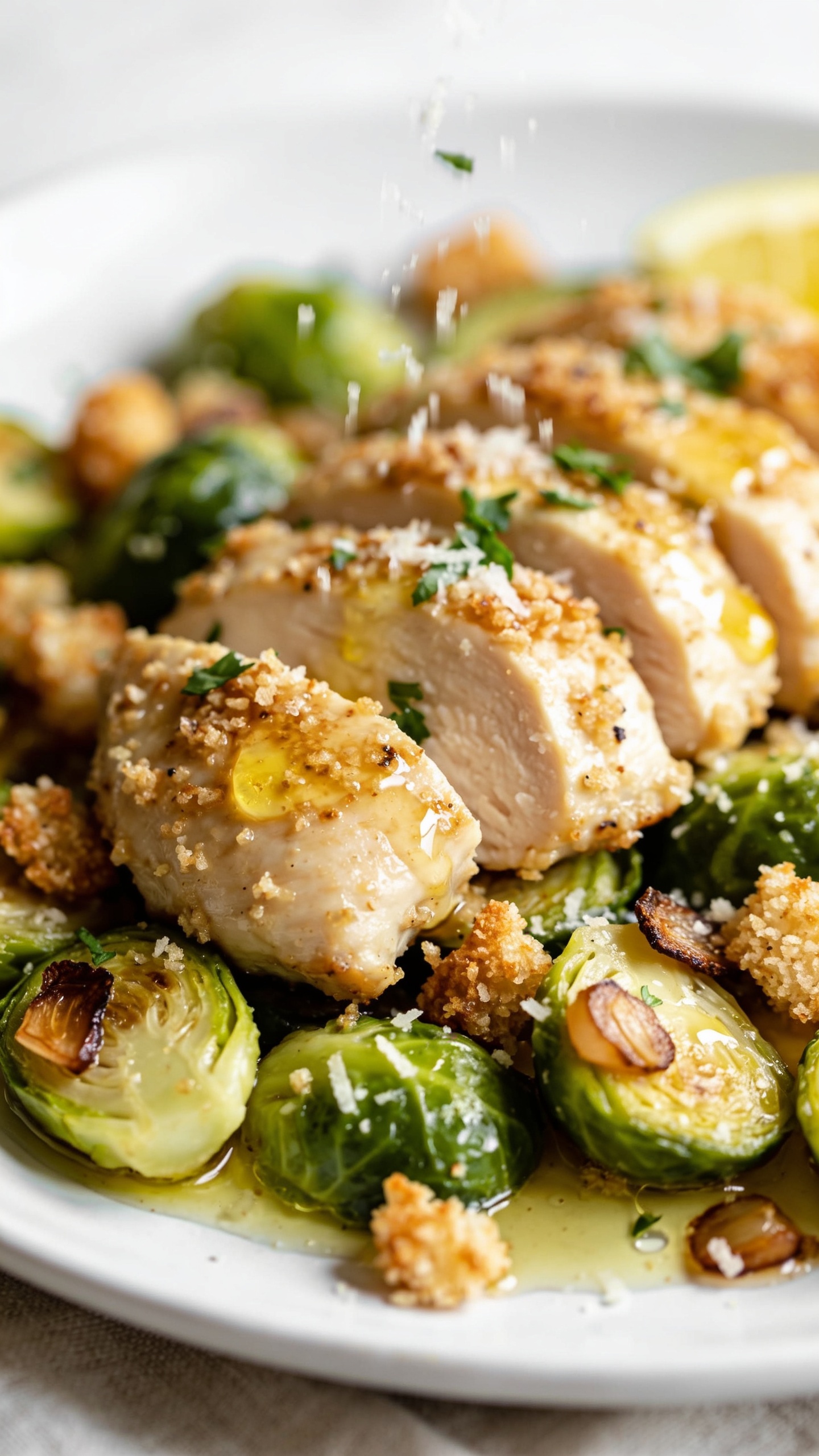 Macro close-up at a low 45-degree angle focusing on textures: cluster of sliced garlic-Parmesan chicken thighs nestled among halved Brussels sprouts; golden, crispy panko-parmesan bits and browned garlic stuck to pieces; buttery garlic-Parmesan sauce glistening in small pools, catching light; spritzed lemon sheen on the chicken, scattered fresh parsley and extra-fine shower of Parmesan melting into the heat; food occupies 90â95% of frame, bright natural lighting, shallow depth of field with foreground crisp and background softly blurred, clean white plate and neutral linen barely visible, cohesive with the hero image.