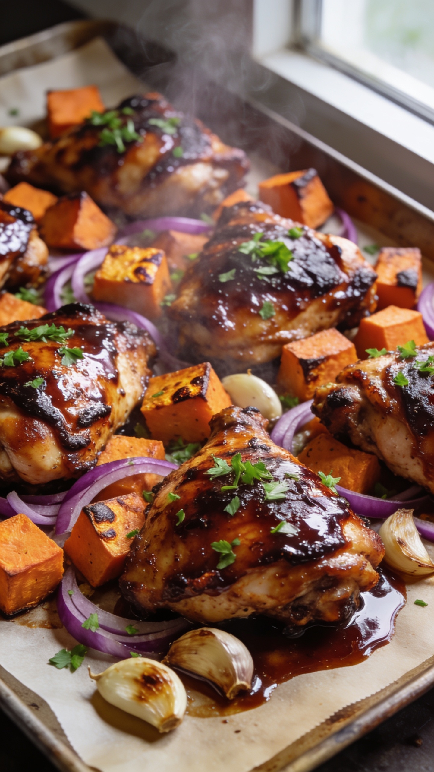 Ultra-close hero shot of one-pan BBQ chicken and sweet potatoes on a parchment-lined sheet pan: glossy, lacquered bone-in chicken thighs with charred, sticky BBQ glaze and caramelized edges; chunky roasted sweet potato cubes with crisped corners and glistening surfaces, lightly blistered; scattered thin red onion wedges and a few roasted garlic cloves; a final brush of shiny BBQ sauce pooling slightly on the pan; sprinkled with finely chopped fresh parsley for a pop of green. Bright natural window light from the side, shallow depth of field, 90â95% of the frame filled with the food, premium food-blog styling, warm, rich color tones, visible steam softly rising.