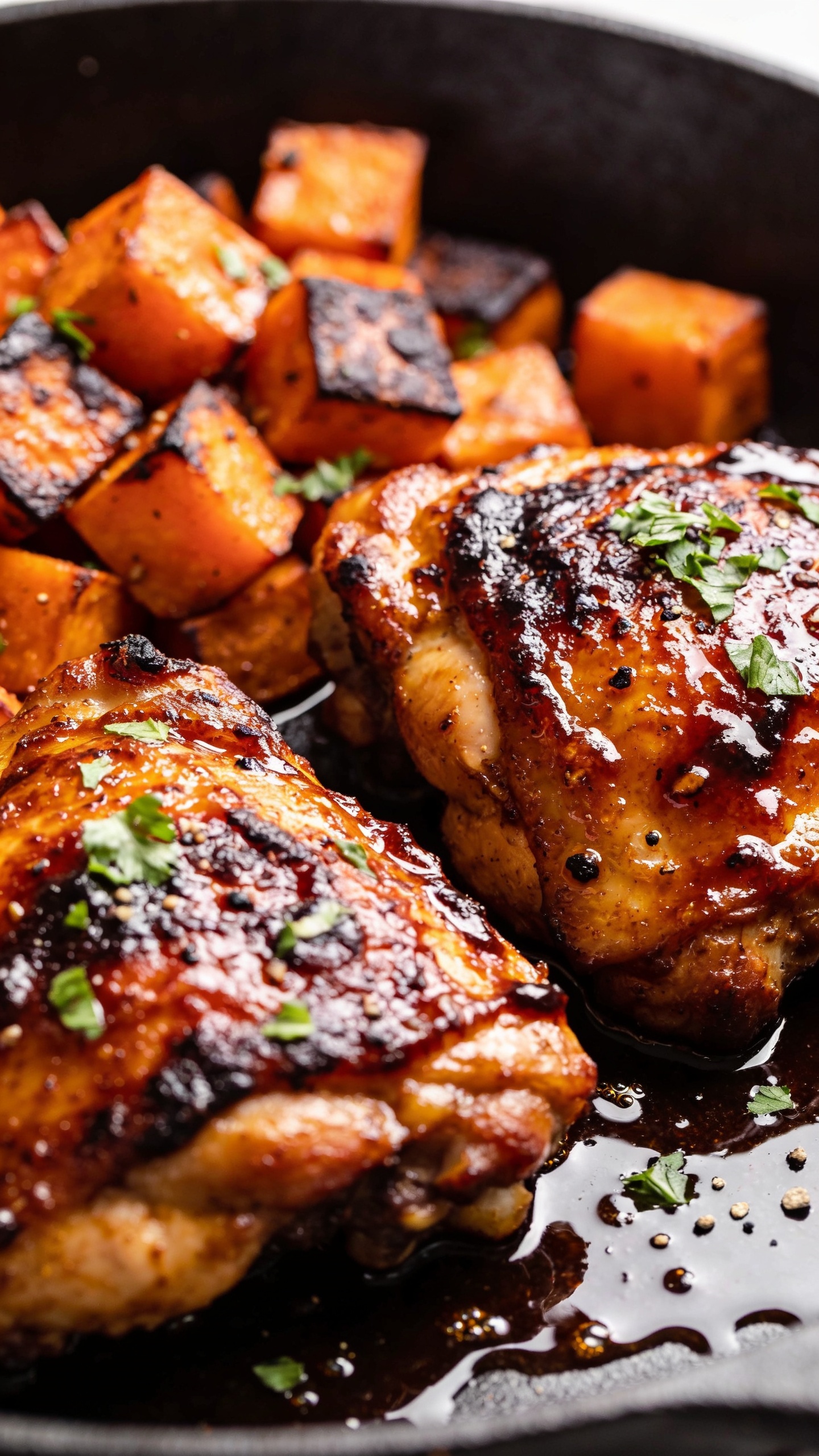 Extreme close-up angled from low side perspective: two BBQ-glazed bone-in chicken thighs front and center with lacquered, mahogany skins and charred caramelized spots; sweet potato cubes piled alongside with crisp, darkened edges and glistening surfaces; micro-beads of rendered juices mingling with a swipe of BBQ sauce on the pan; a light sprinkle of fresh chopped parsley and a few coarse black pepper specks for contrast. Bright natural light, shallow depth of field, 90â95% of frame filled with food, rich warm tones, premium food-blog styling, consistent look with the hero image.